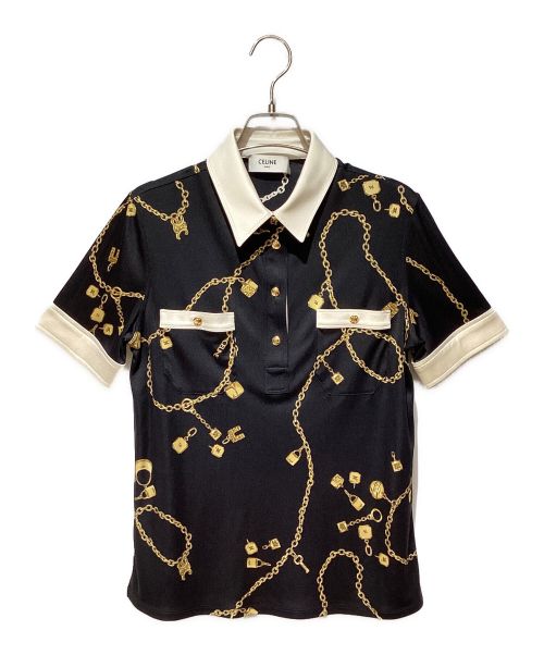 CELINE（セリーヌ）CELINE (セリーヌ) Jewelry Print Silk Polo Blouse（ジュエリープリントシルクブラウス） ブラック サイズ:36の古着・服飾アイテム