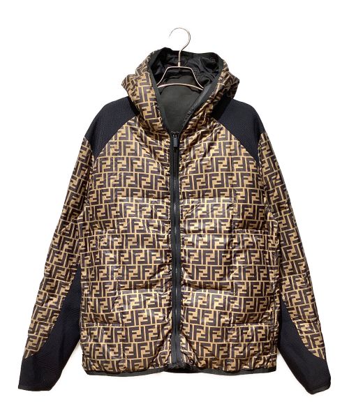 FENDI（フェンディ）FENDI (フェンディ) Zucca Pattern Hooded Down Jacket（ズッカ切替フーデッドダウンジャケット） ブラウン×ブラック サイズ:52の古着・服飾アイテム