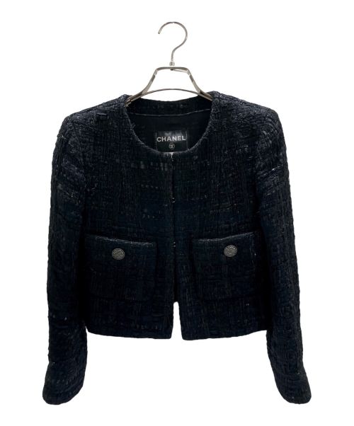 CHANEL（シャネル）CHANEL (シャネル) ノーカラーツイードジャケット ブラック サイズ:34の古着・服飾アイテム