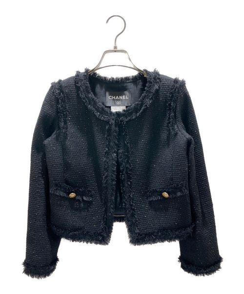 CHANEL（シャネル）CHANEL (シャネル) ココボタンノーカラーツイードジャケット ブラック サイズ:34の古着・服飾アイテム