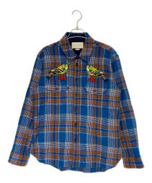 GUCCI（グッチ）の古着「Bird Embroidery Check Shirt」｜ブルー