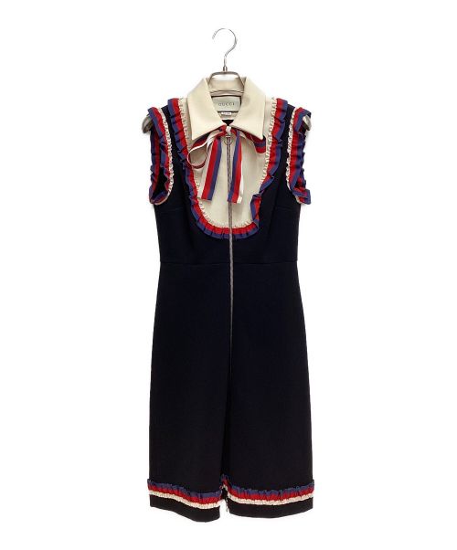 GUCCI（グッチ）GUCCI (グッチ) Ruffles sleeveless dress(ラッフルスリーブレスドレス）/フリルノースリーブワンピース ブラック サイズ:Sの古着・服飾アイテム