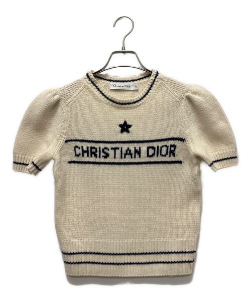 Christian Dior（クリスチャン ディオール）Christian Dior (クリスチャン ディオール) カシミヤ ウール パフスリーブ 半袖 ロゴ ニット アイボリー サイズ:38の古着・服飾アイテム