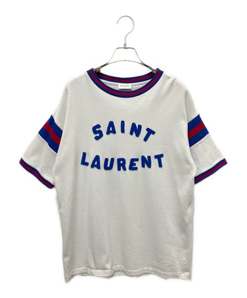 Saint Laurent Paris（サンローランパリ）Saint Laurent Paris (サンローランパリ) フェルトレタリング Tシャツ ライトグレー×ブルー×レッド サイズ:Mの古着・服飾アイテム