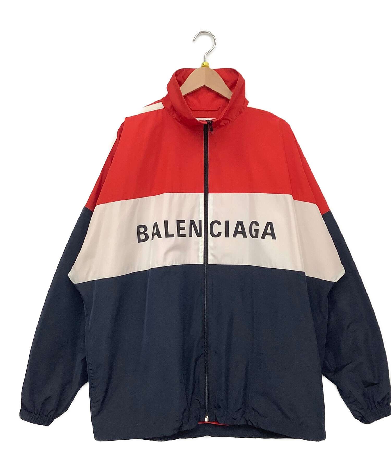 BALENCIAGA (バレンシアガ) ロゴプリントポプリンシャツブルゾン レッド×ネイビー サイズ:34