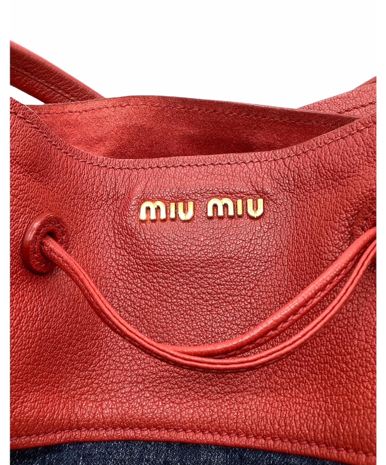 MIU MIU (ミュウミュウ) バイカラー2way巾着ショルダーバッグ インディゴ×レッド デニム×レザー