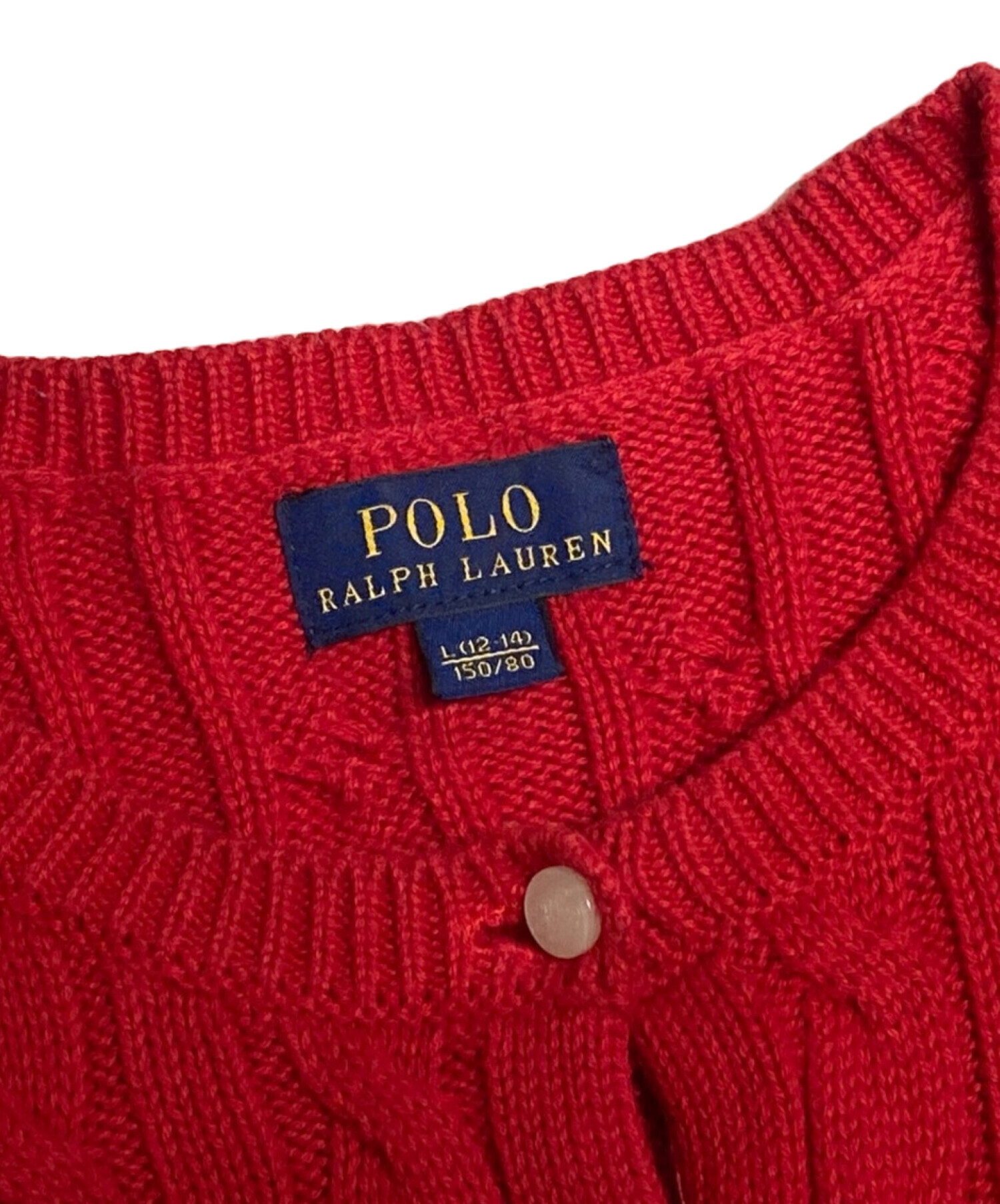 POLO RALPH LAUREN (ポロ・ラルフローレン) ペプラムケーブルニットカーディガン レッド サイズ:150cm(キッズサイズ)