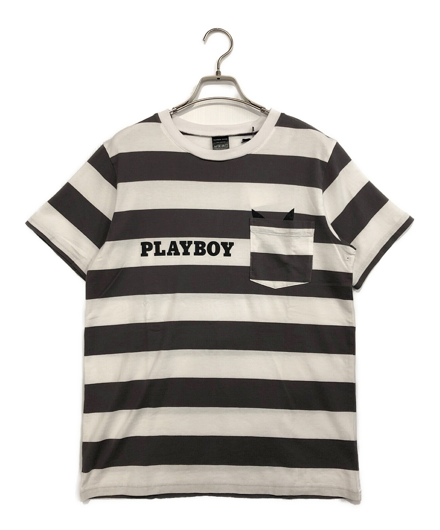 NUMBER (N)INE×PLAY BOY (ナンバーナインxプレイボーイ) ボーダーポケットTシャツ グレー×ホワイト サイズ:2 未使用品