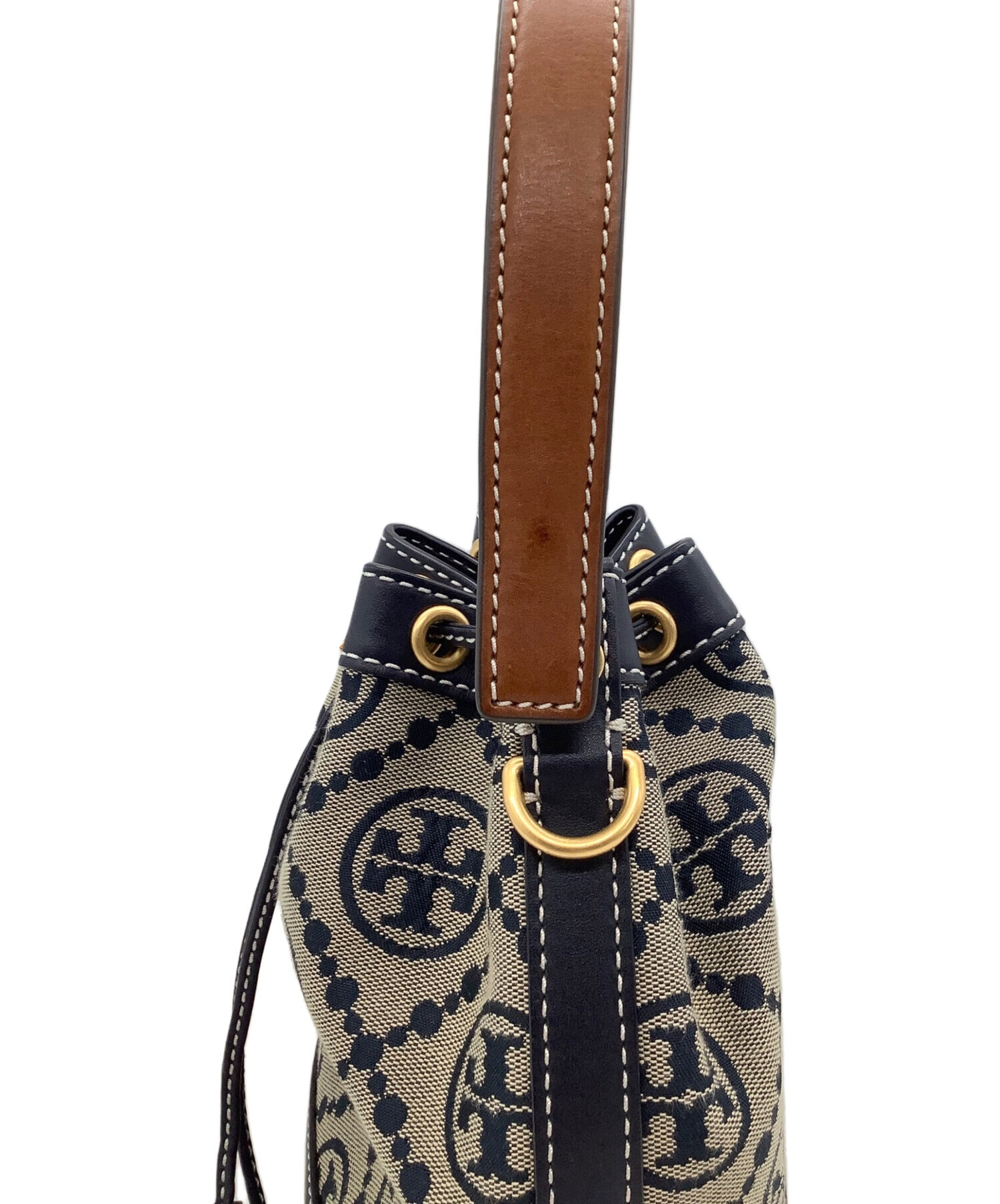 TORY BURCH (トリーバーチ) Tモノグラムジャカードミニバケットバッグ ベージュ×ネイビー