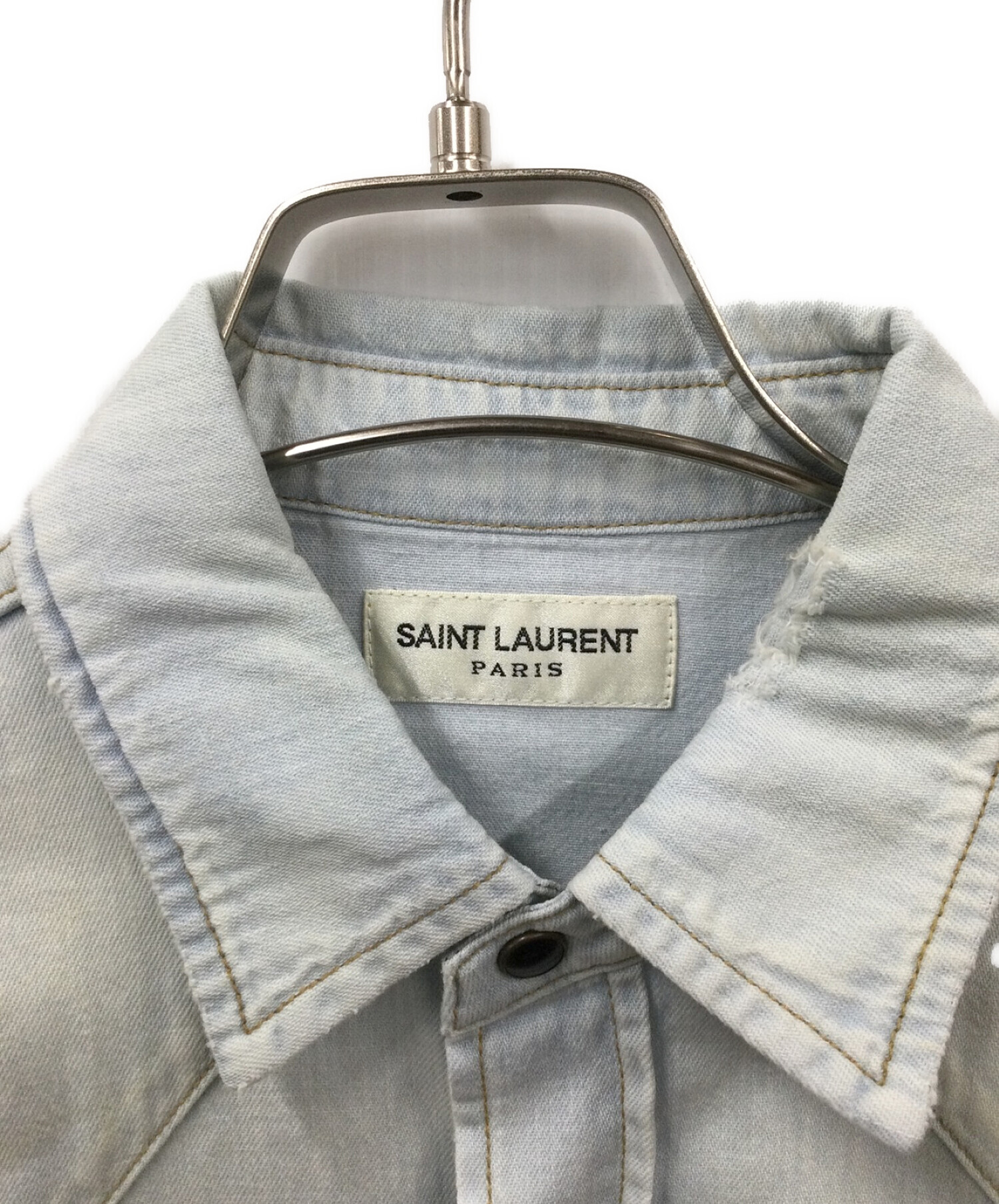 中古・古着通販】Saint Laurent Paris (サンローランパリ) デニムシャツ ダメージ加工 スカイブルー サイズ:S｜ブランド・古着通販  トレファク公式【TREFAC FASHION】スマホサイト