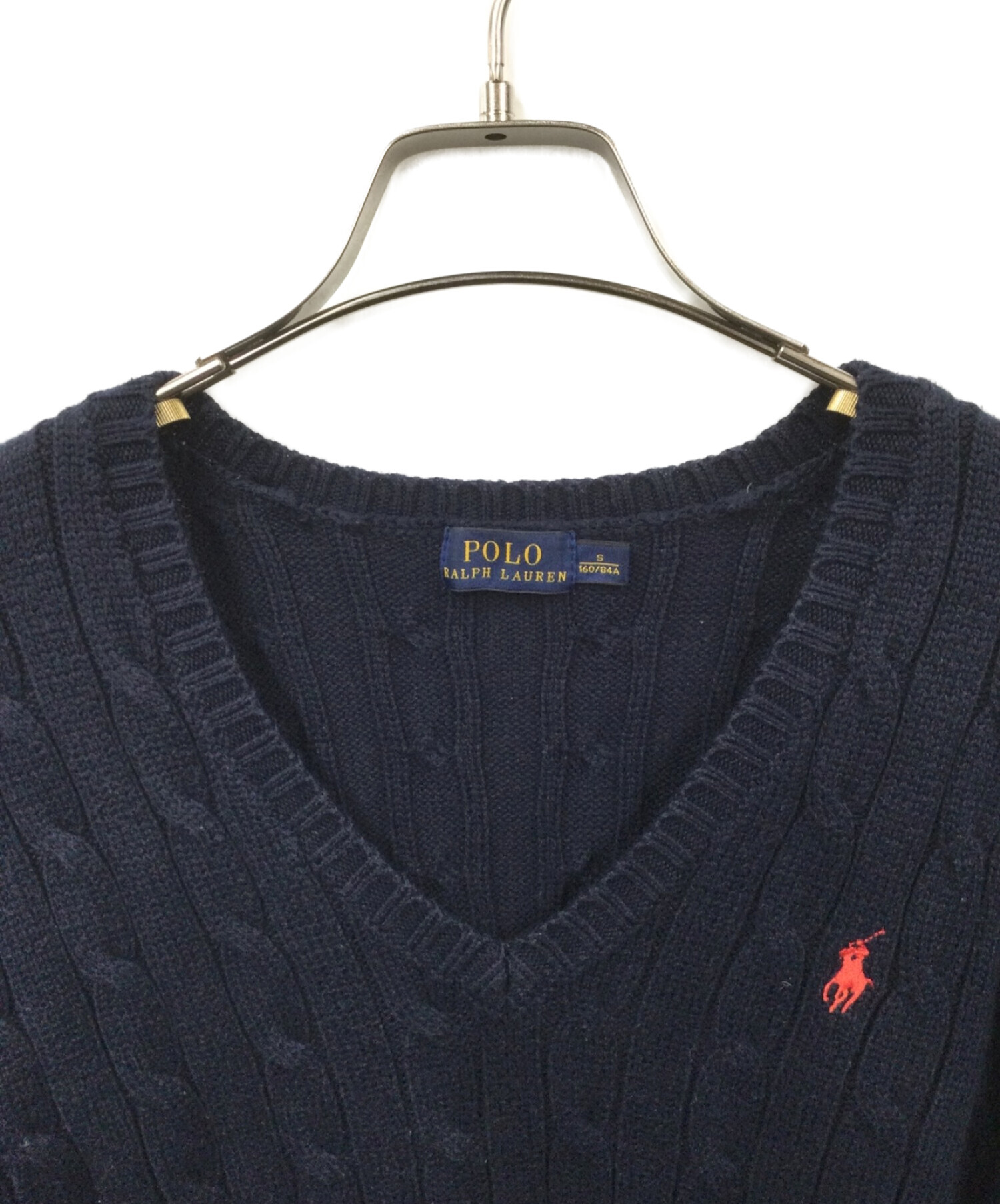 POLO RALPH LAUREN (ポロ・ラルフローレン) ケーブルニット コットン Vネックセーター ネイビー サイズ:S