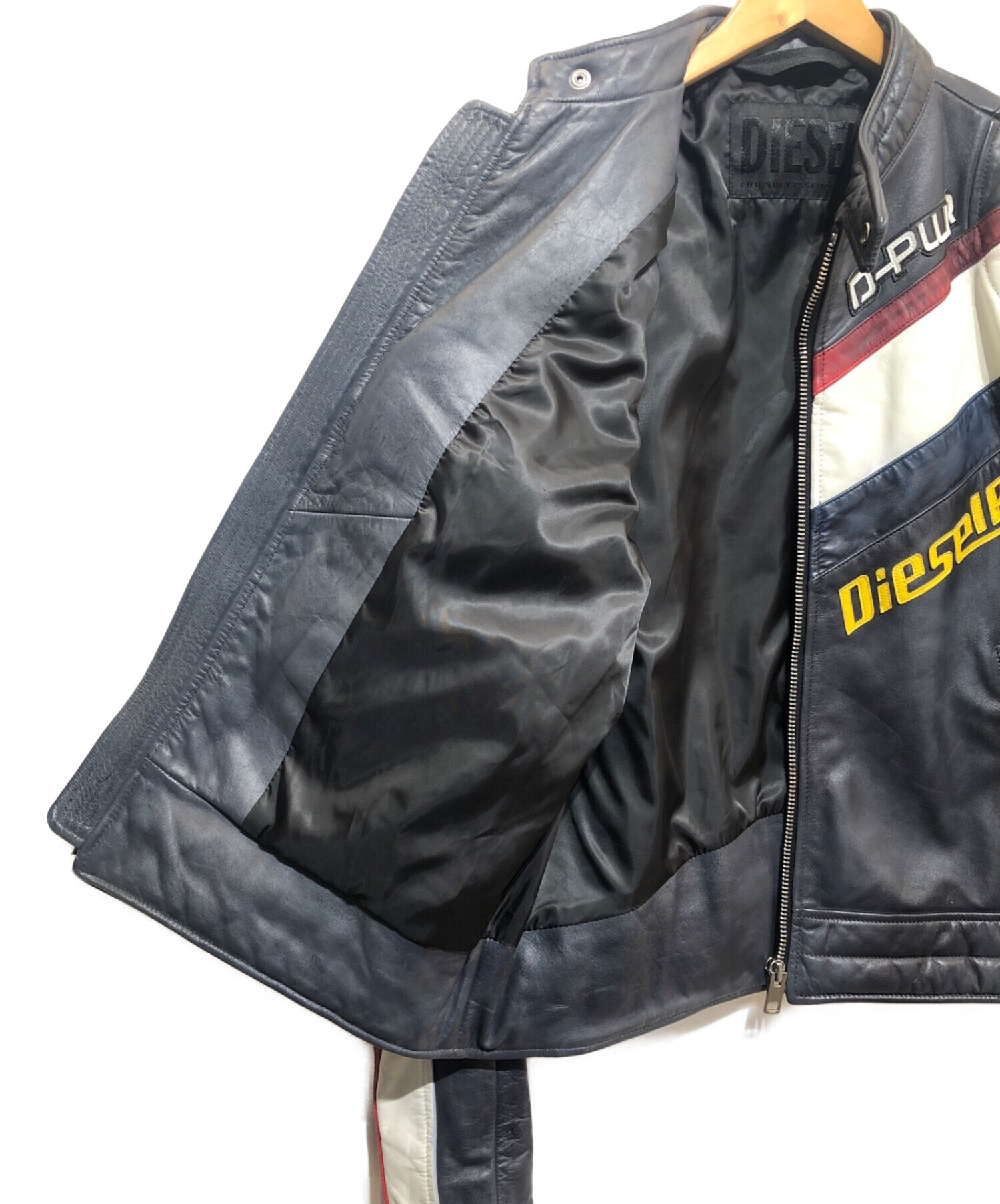 DIESEL (ディーゼル) シングルライダースジャケット ブラック×ホワイト サイズ:L