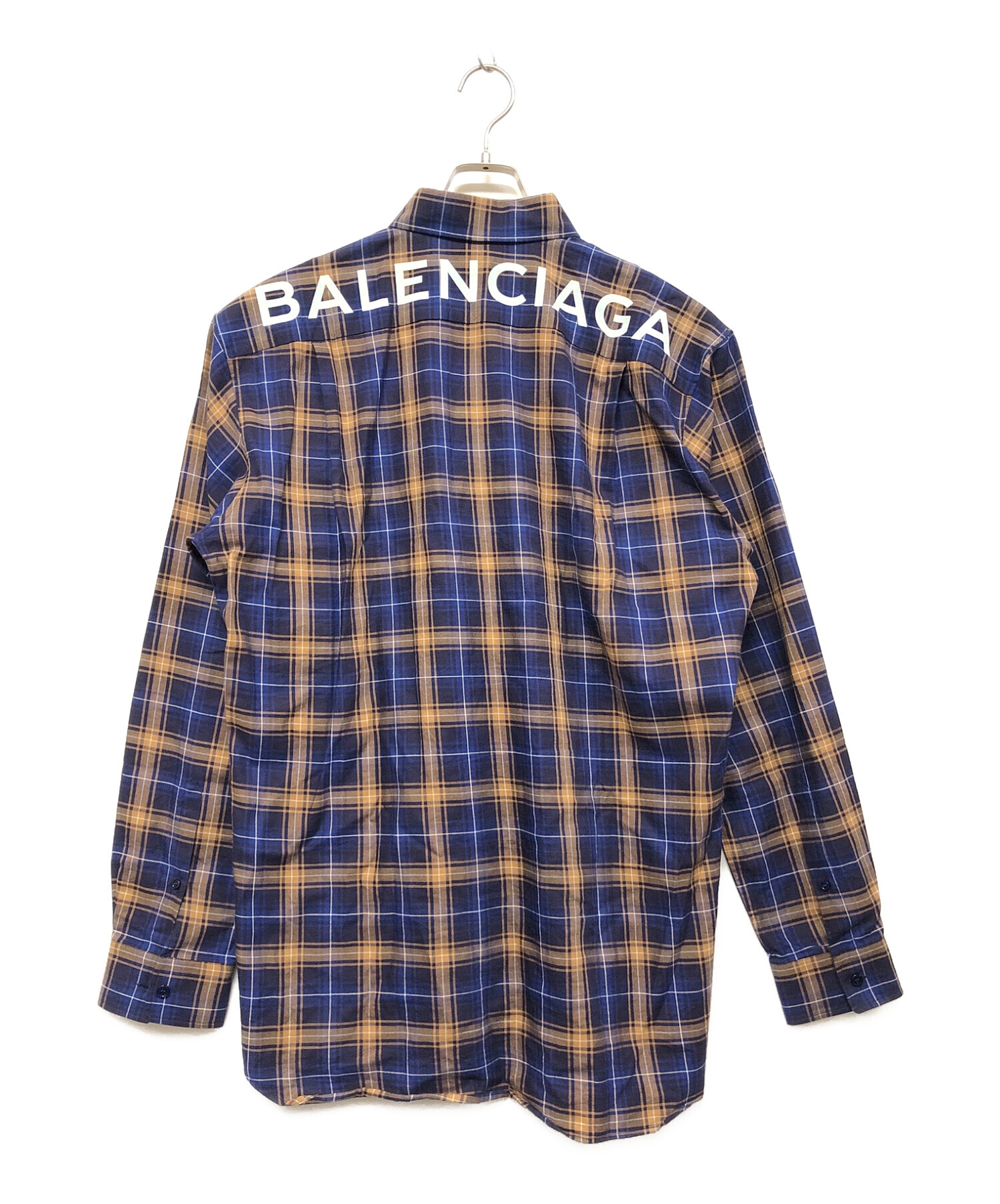 BALENCIAGA (バレンシアガ) バックロゴプリント オーバーサイズチェックシャツ ブルー サイズ:SIZE 37
