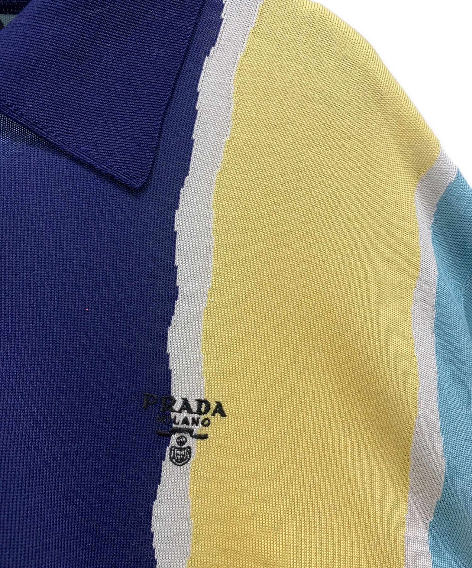 PRADA (プラダ) ニットポロシャツ イエロー×ネイビー サイズ:XL