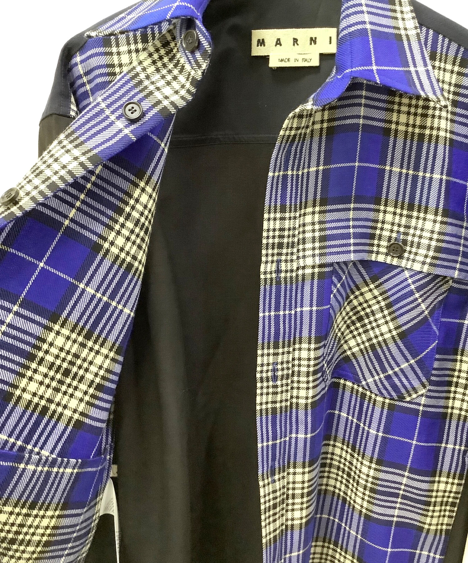 MARNI (マルニ) ウールチェックコンビポインテッドカラーシャツ ブルー×ブラック サイズ:44