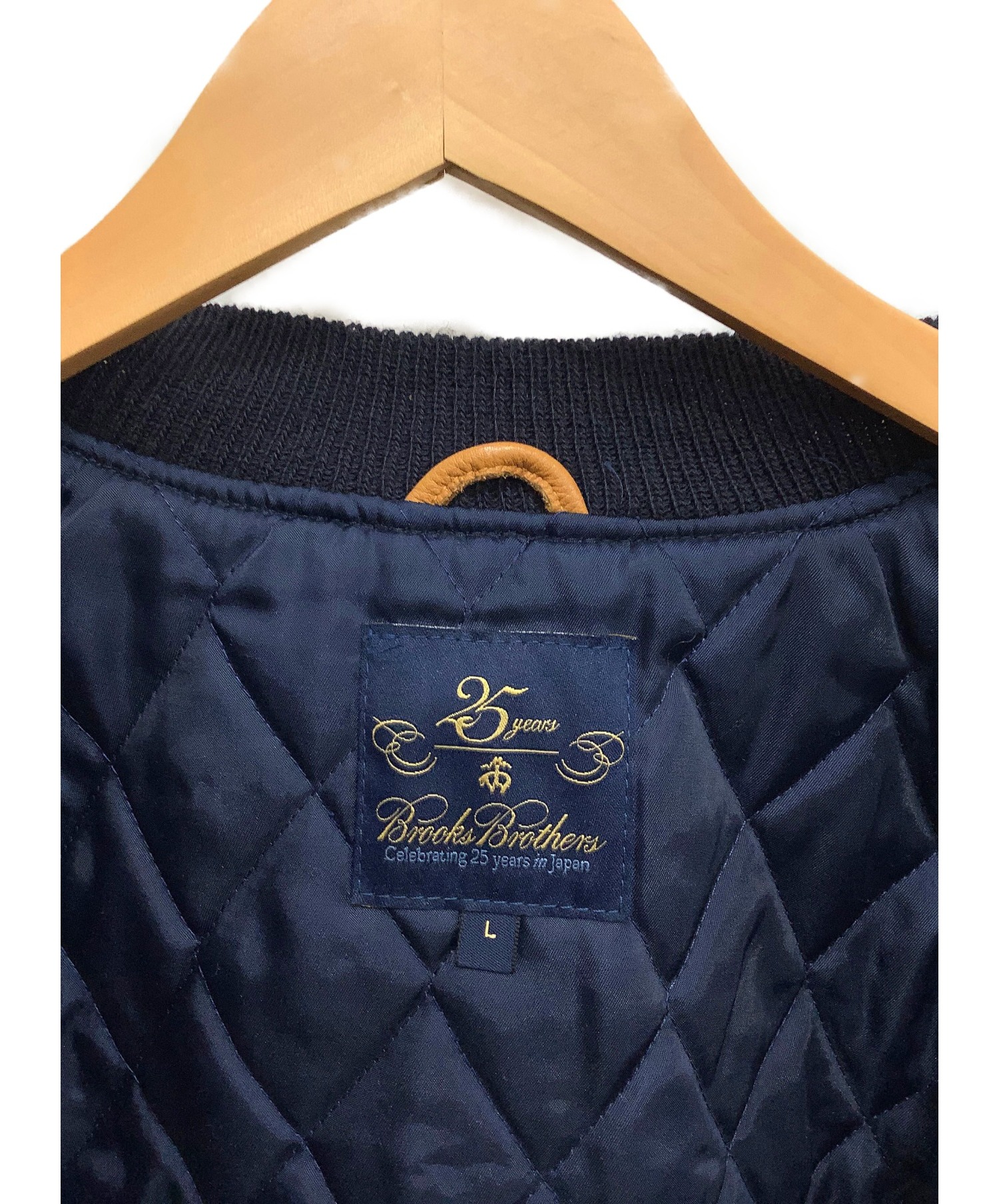 BROOKS BROTHERS (ブルックスブラザーズ) 25周年記念 ロゴ刺繍アームレザーメルトンウールスタジャン ネイビー×ブラウン  サイズ:キッズL