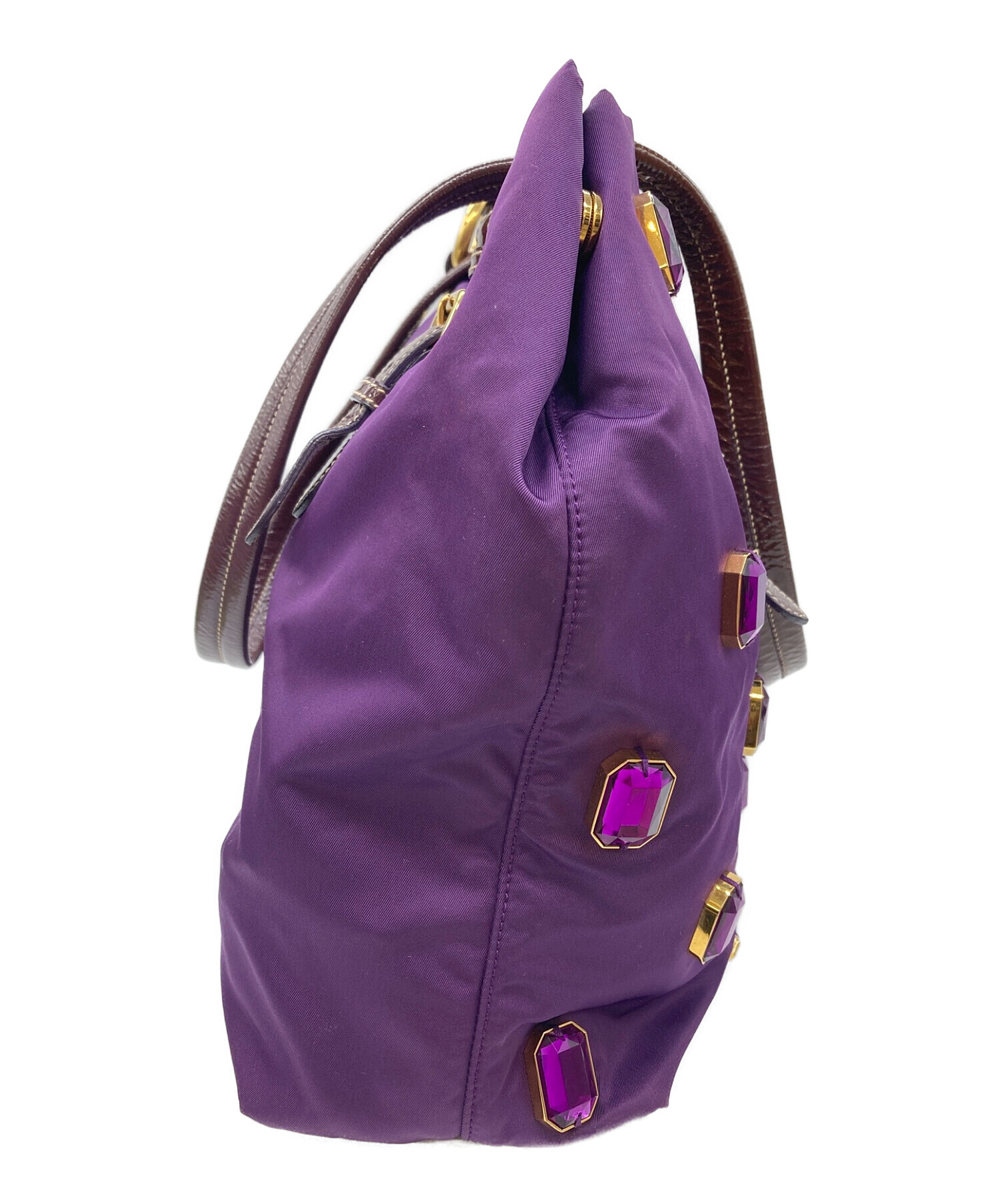 通販廉価プラダ　ビジュー付き　バケツ型バック　紫　ナイロン バッグ