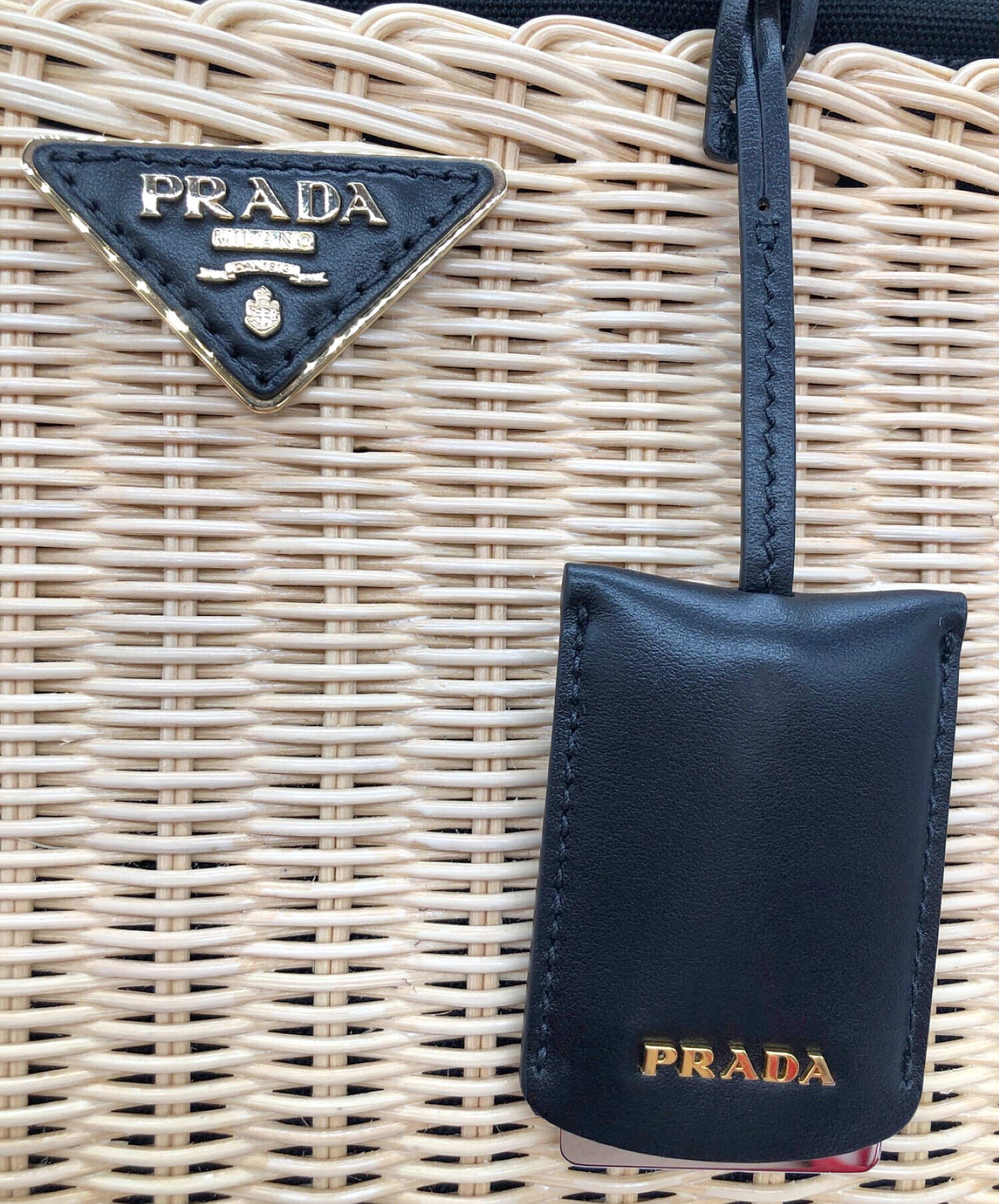 PRADA (プラダ) 2WAYキャンバスカゴバッグ ウィッカー ナチュラル×ブラック