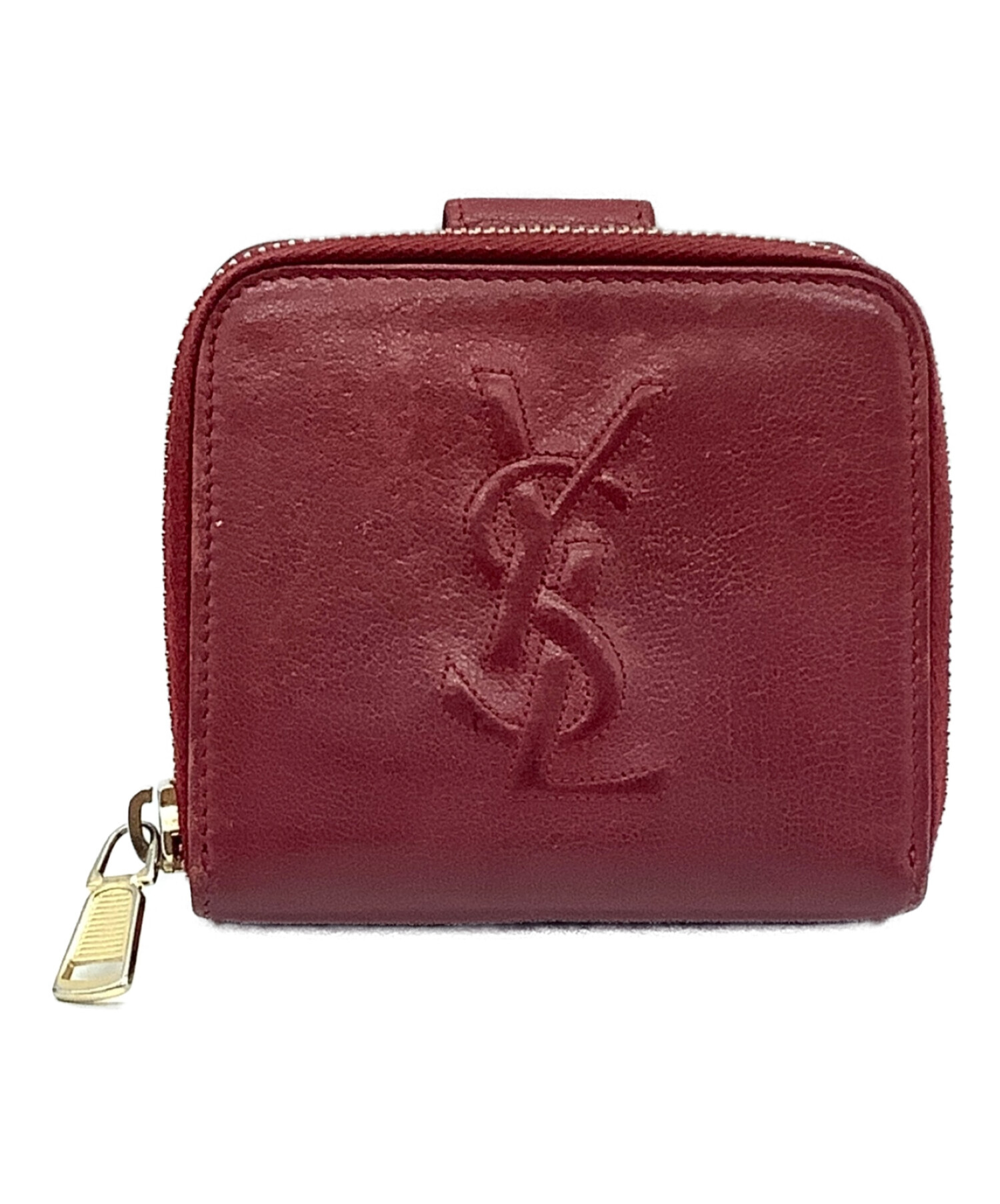 Yves Saint Laurent (イヴサンローラン) ロゴレザーラウンドジップウォレット レッド