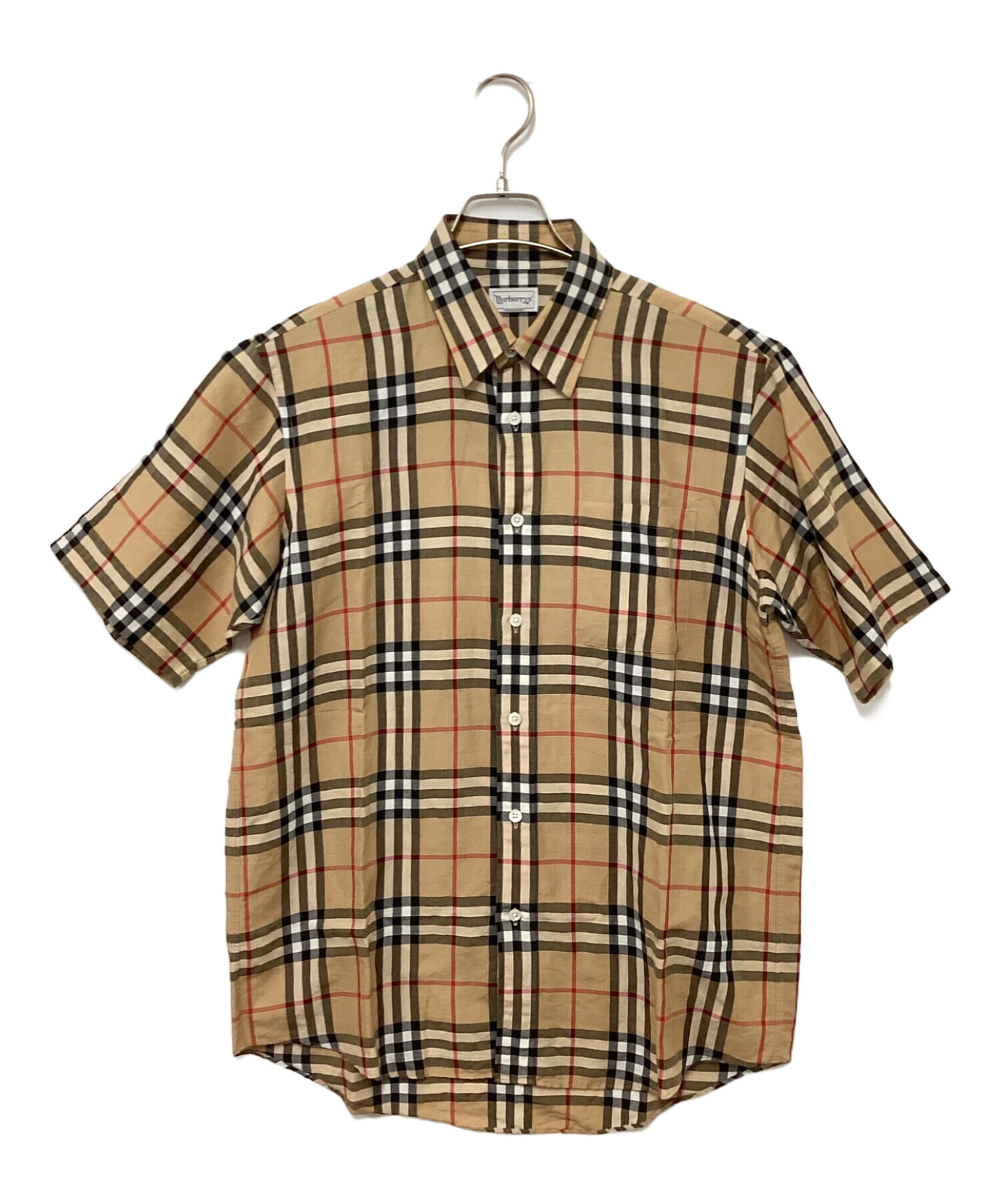 Burberry's (バーバリーズ) 90sリネンブレンド半袖チェックシャツ ベージュ×レッド×ブラック サイズ:Medium