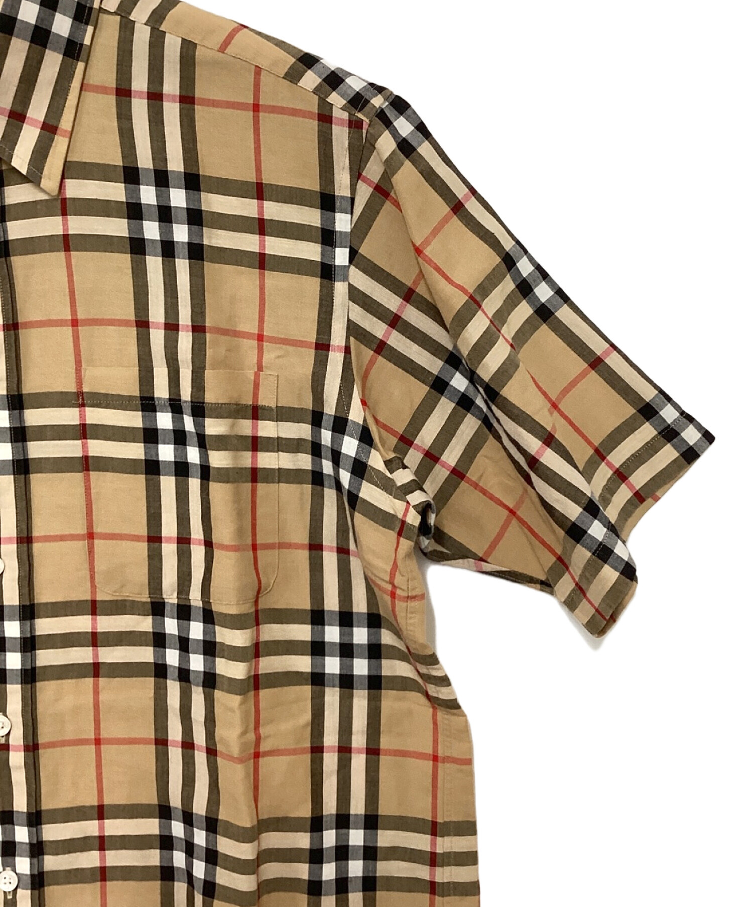 Burberry's (バーバリーズ) 90sリネンブレンド半袖チェックシャツ ベージュ×レッド×ブラック サイズ:Medium