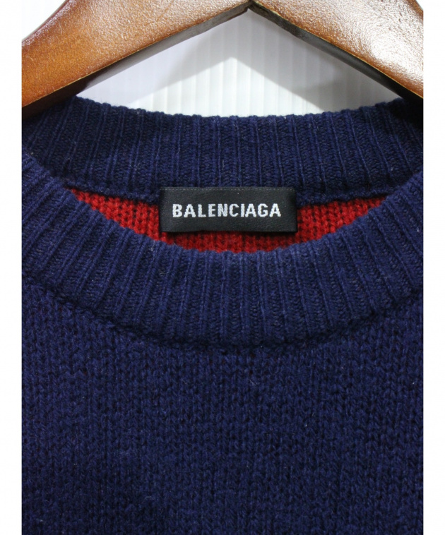 BALENCIAGA (バレンシアガ) ロゴクルーネックニット ネイビー×レッド サイズ:S