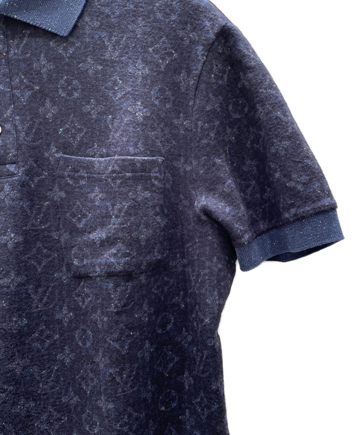 LOUIS VUITTON (ルイ ヴィトン) シルク混ウールツイードモノグラム半袖ポロシャツ ネイビー サイズ:XL