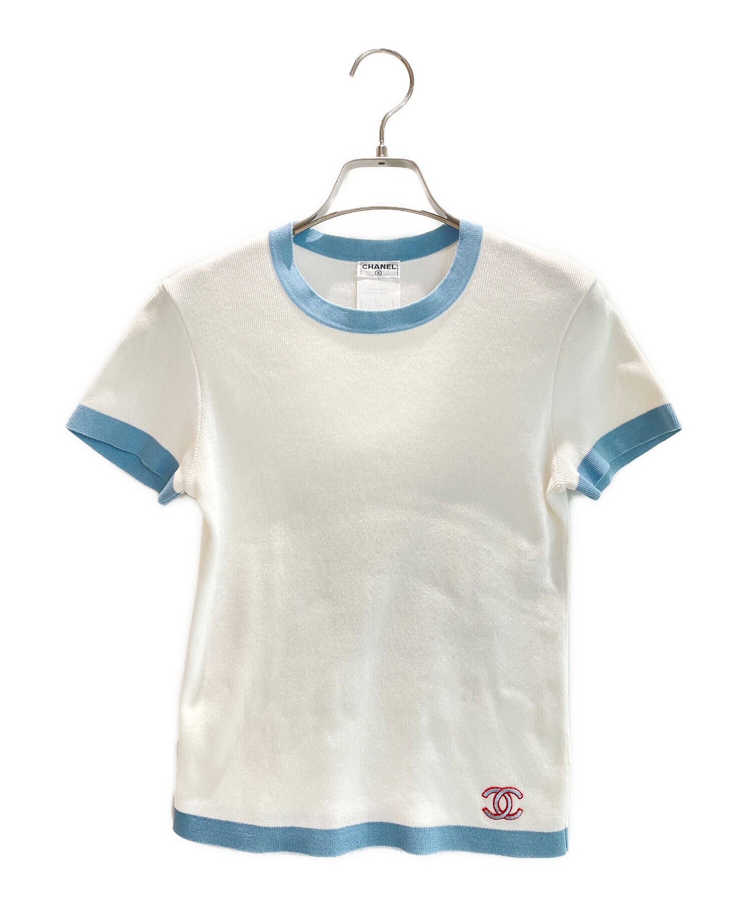CHANEL (シャネル) ココマークリンガーニットTシャツ ホワイト×スカイブルー サイズ:40