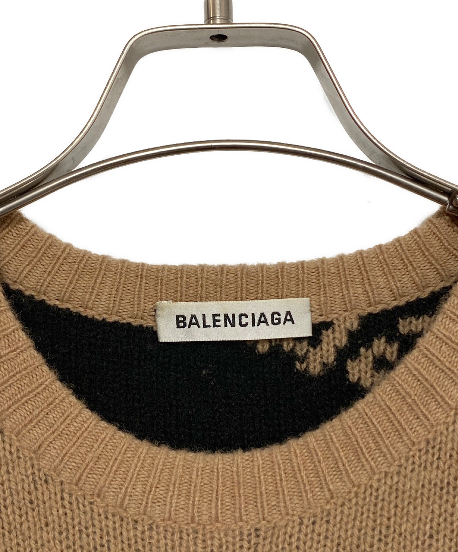BALENCIAGA (バレンシアガ) Logo Jacquard Oversize Crew Neck Knit Sweater ベージュ×ブラック  サイズ:XS