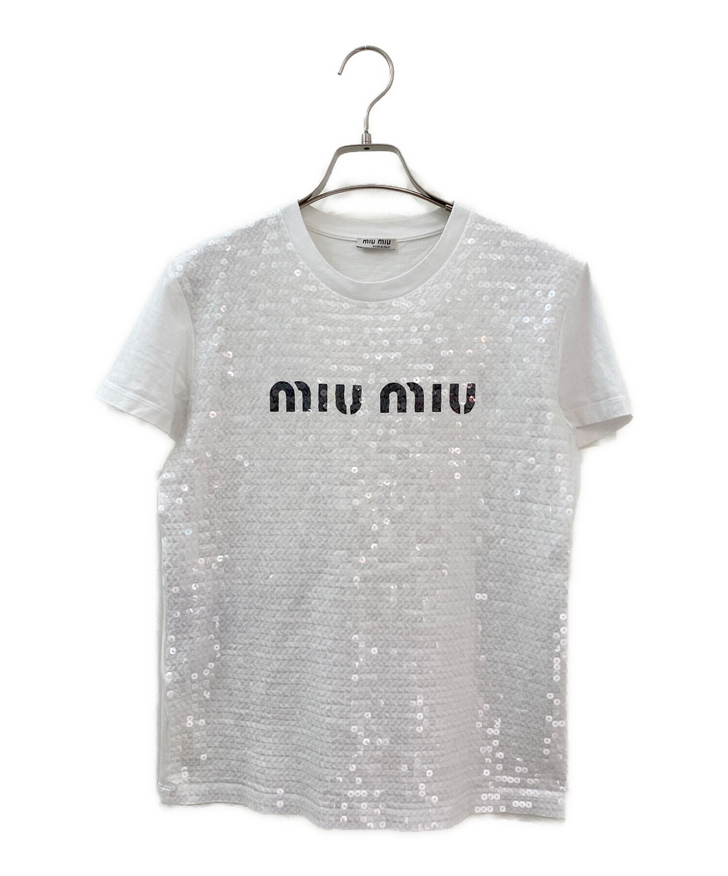 MIU MIU (ミュウミュウ) スパンコールロゴTシャツ ホワイト サイズ:XS