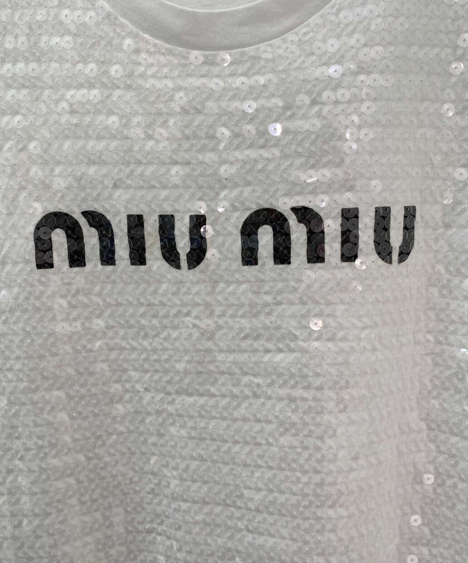 MIU MIU (ミュウミュウ) スパンコールロゴTシャツ ホワイト サイズ:XS