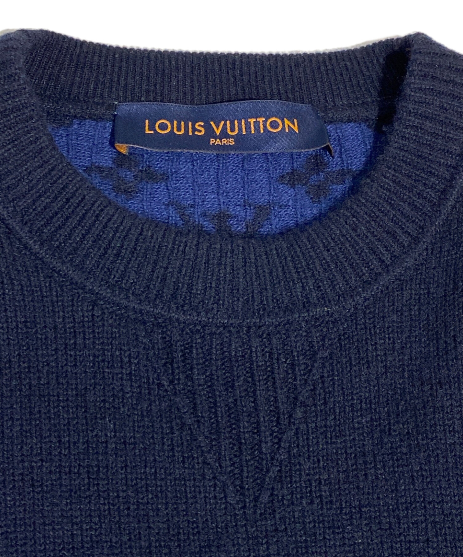 LOUIS VUITTON (ルイ ヴィトン) カシミヤ×ウール モノグラム ニット プルオーバー ネイビー×ブルー サイズ:M