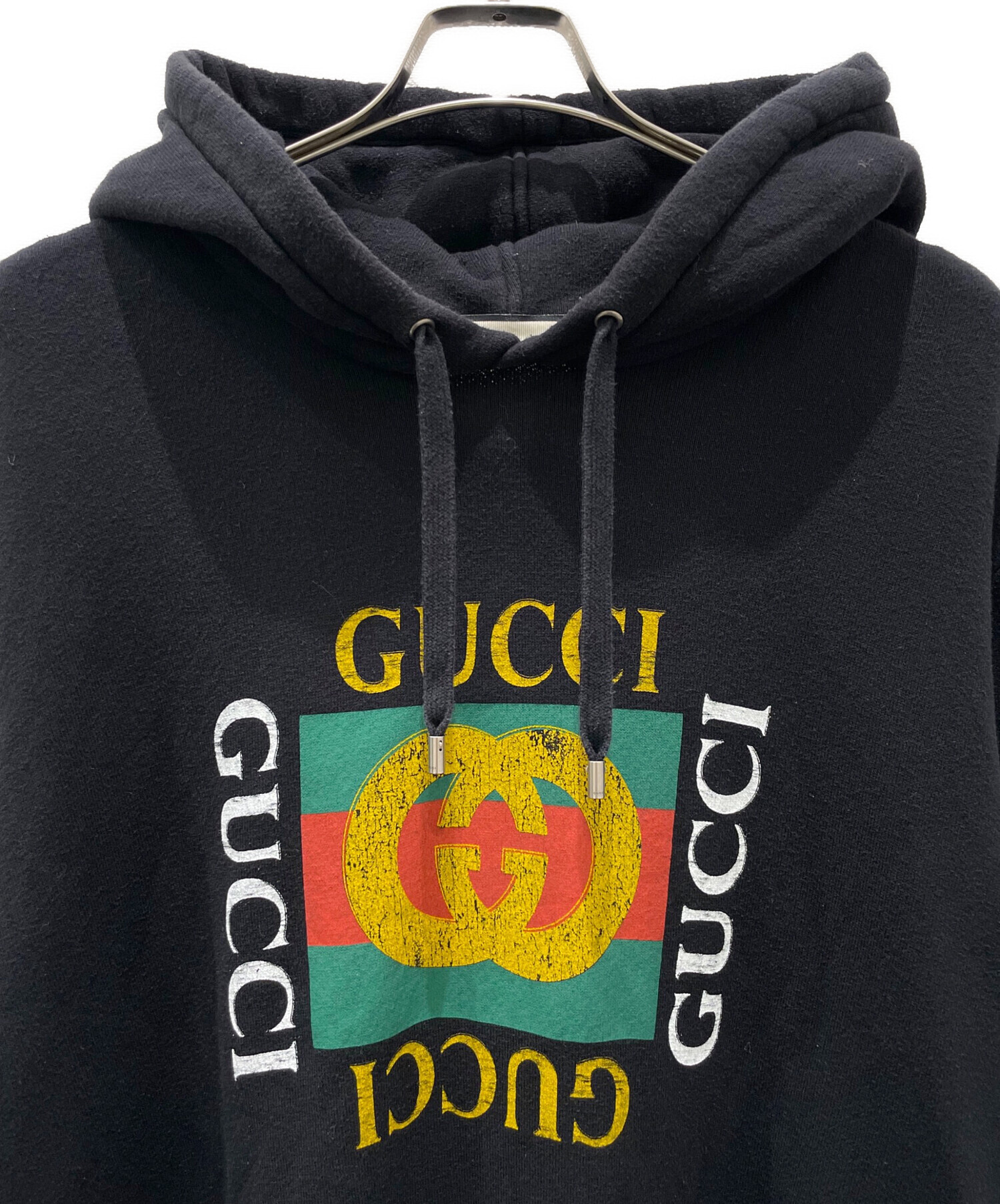 GUCCI (グッチ) ヴィンテージ 加工 オールド ロゴ プリント スウェット パーカー ブラック サイズ:XL