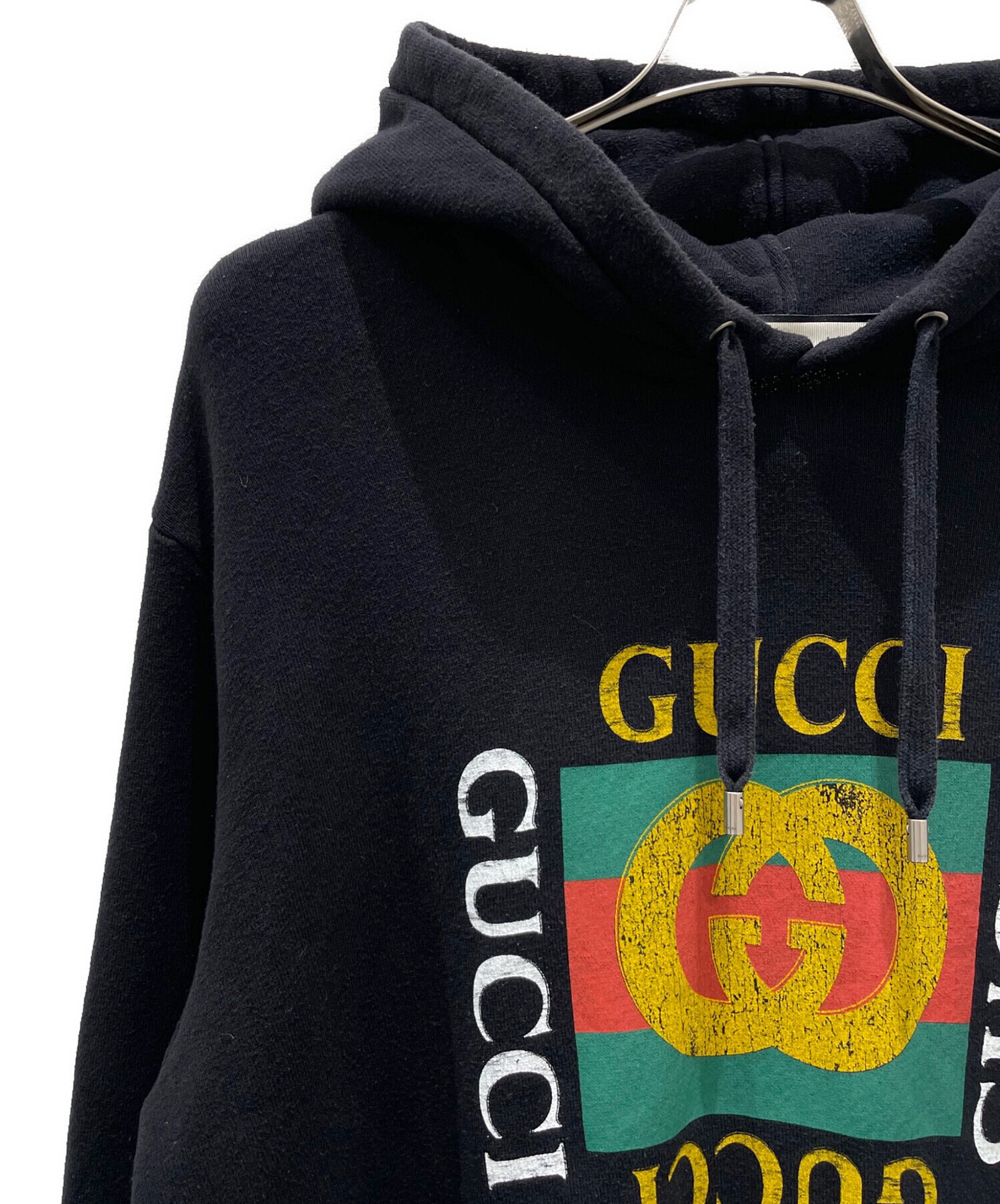 GUCCI (グッチ) ヴィンテージ 加工 オールド ロゴ プリント スウェット パーカー ブラック サイズ:XL