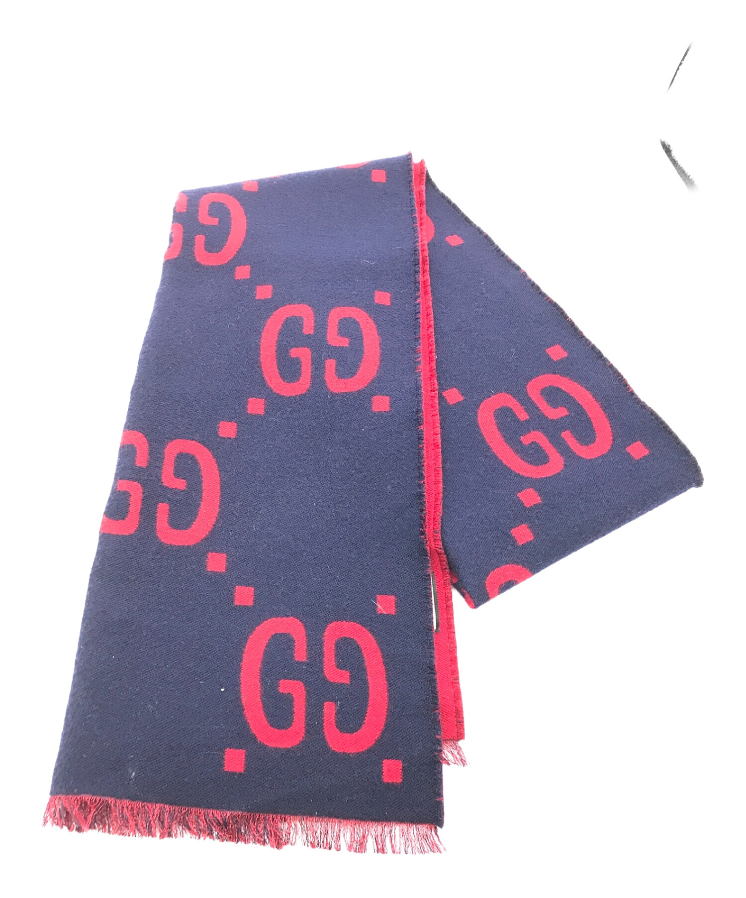 GUCCI (グッチ) GGジャカード ウールシルク スカーフ ネイビー×レッド サイズ:実寸サイズにてご確認ください。