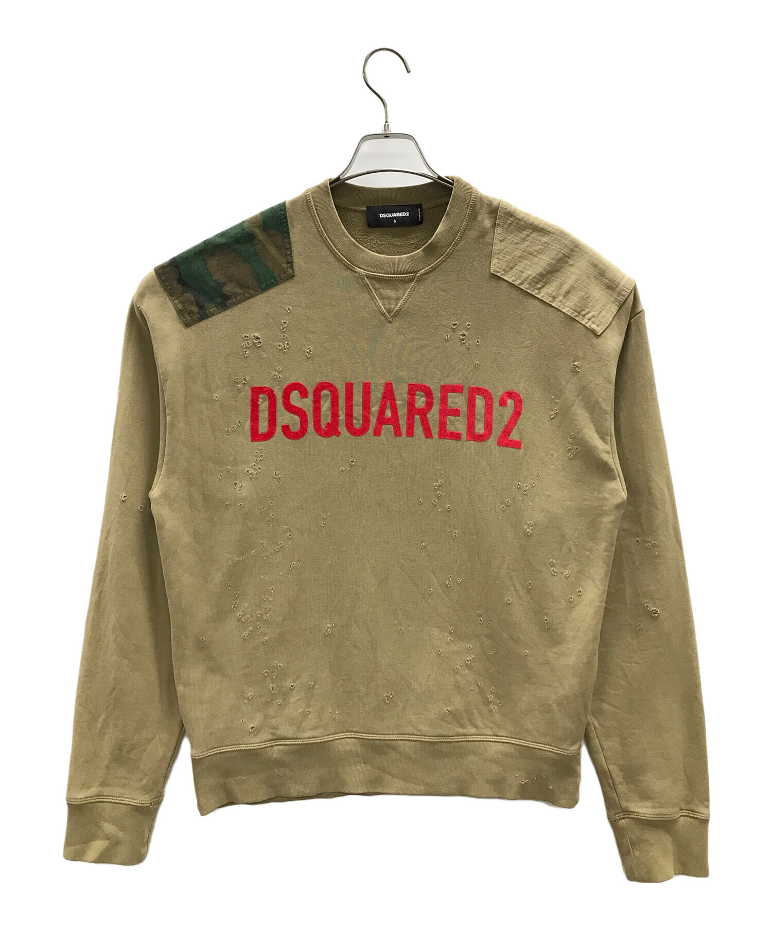 DSQUARED2 (ディースクエアード) オーバーサイズスウェット ロゴショルダーパッチダメージ加工スウェット ベージュ サイズ:S