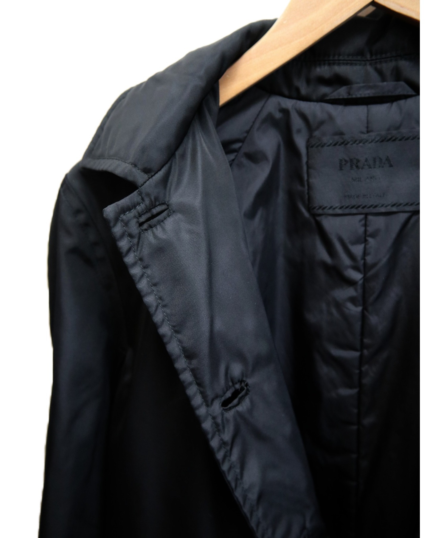 PRADA (プラダ) ロゴプレートナイロンステンカラーコート ブラック サイズ:40 ウエストベルト・チンストラップ欠品