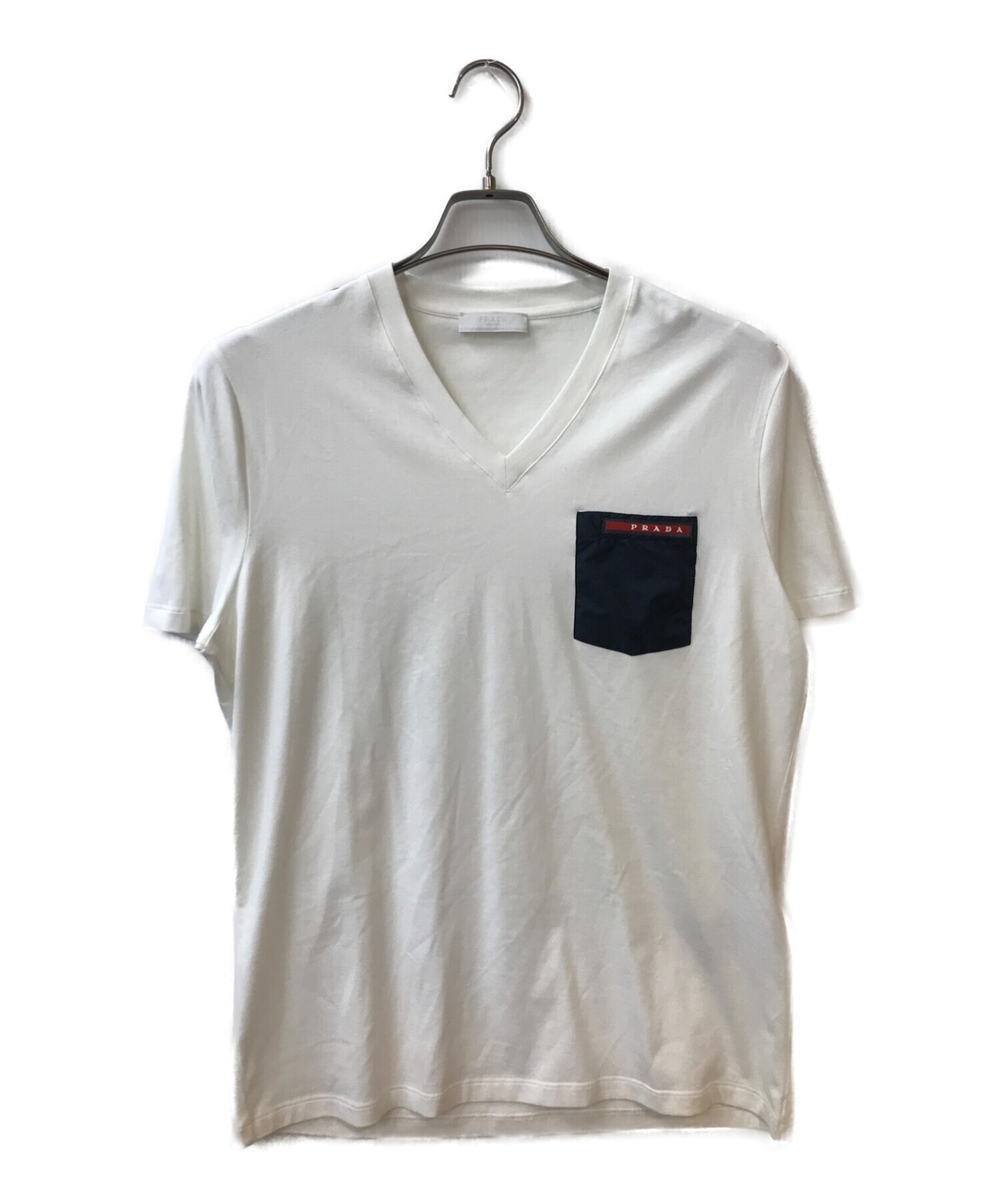 PRADA (プラダ) VネックポケットTシャツ ネイビー×ホワイト サイズ:M