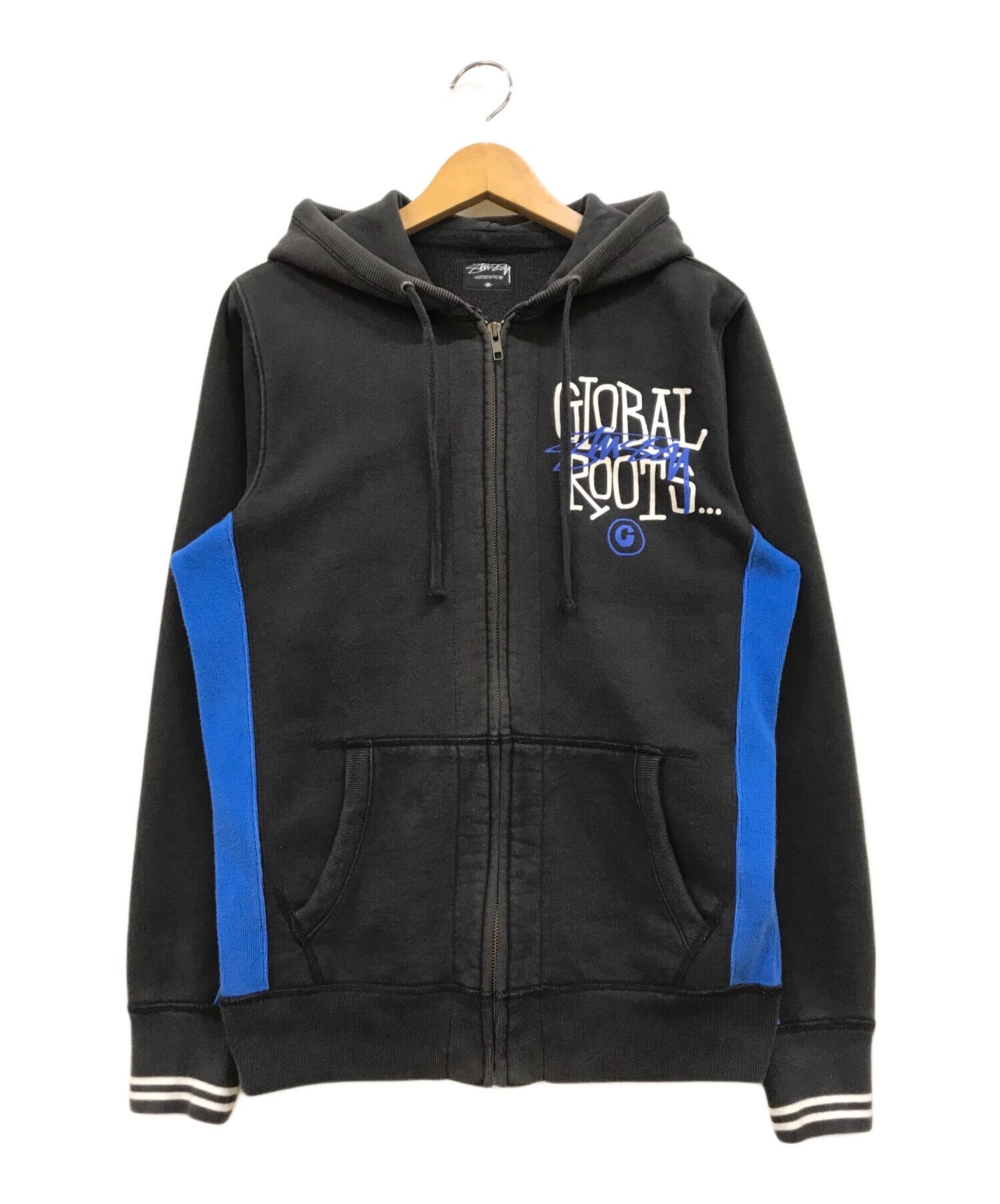 stussy (ステューシー) GLOBAL ROOTS ジップパーカー ブラック×ブルー サイズ:M