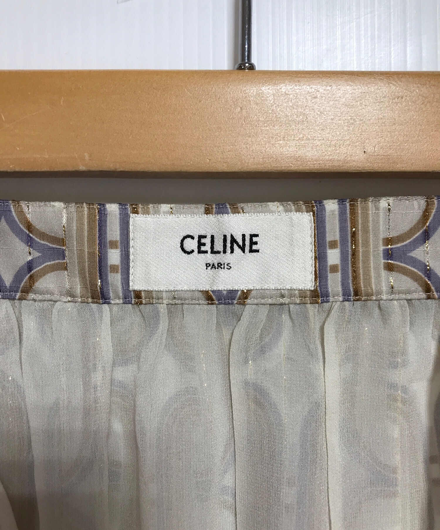 CELINE (セリーヌ) チェーンプリントシルクスカート　ギャザースカート　フレアスカート　ティアードスカート　ベージュ　パープル  ベージュ×パープル サイズ:38（下記参照）