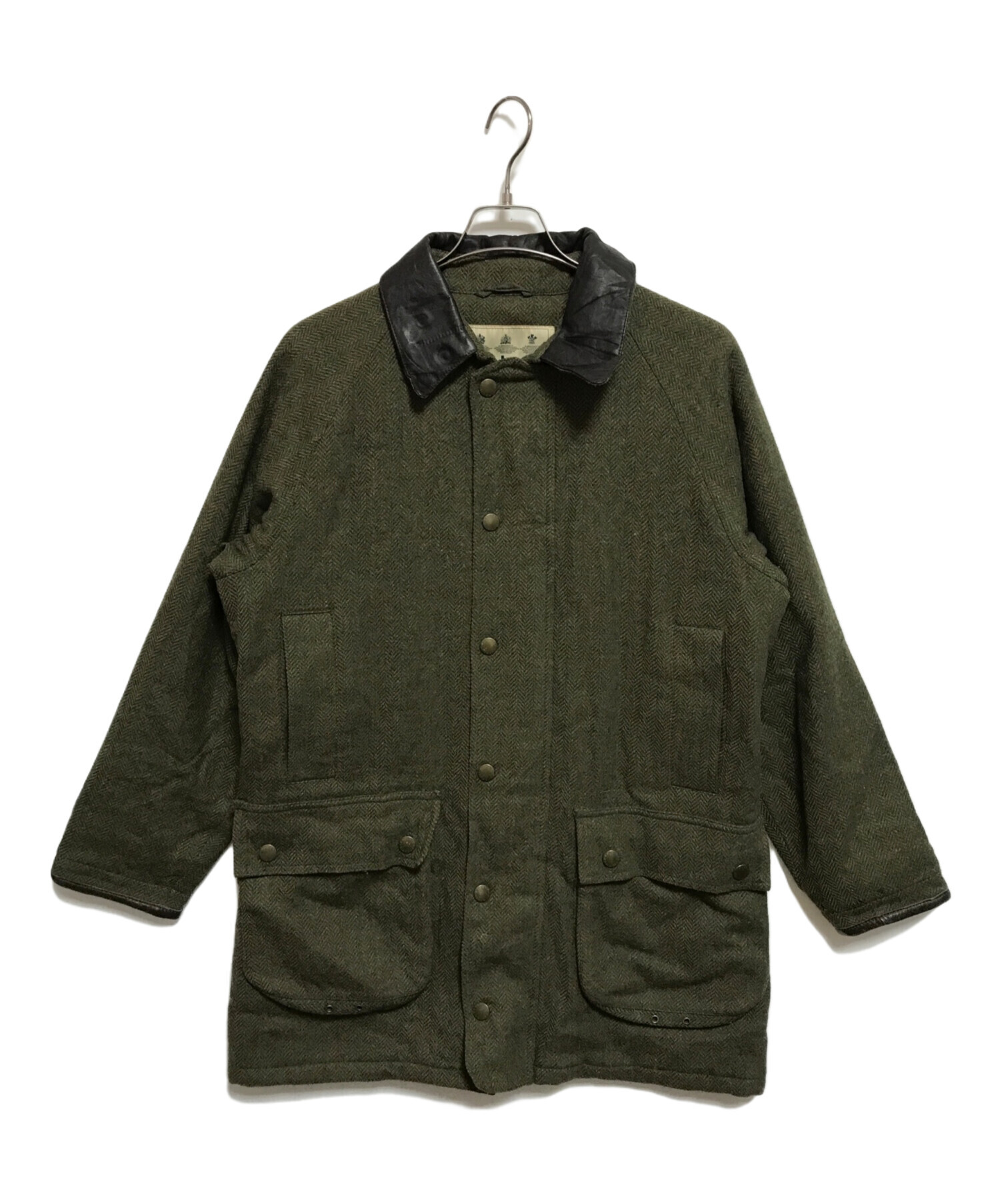 Barbour (バブアー) レザー切替ツイードジャケット グリーン×ブラウン サイズ:M