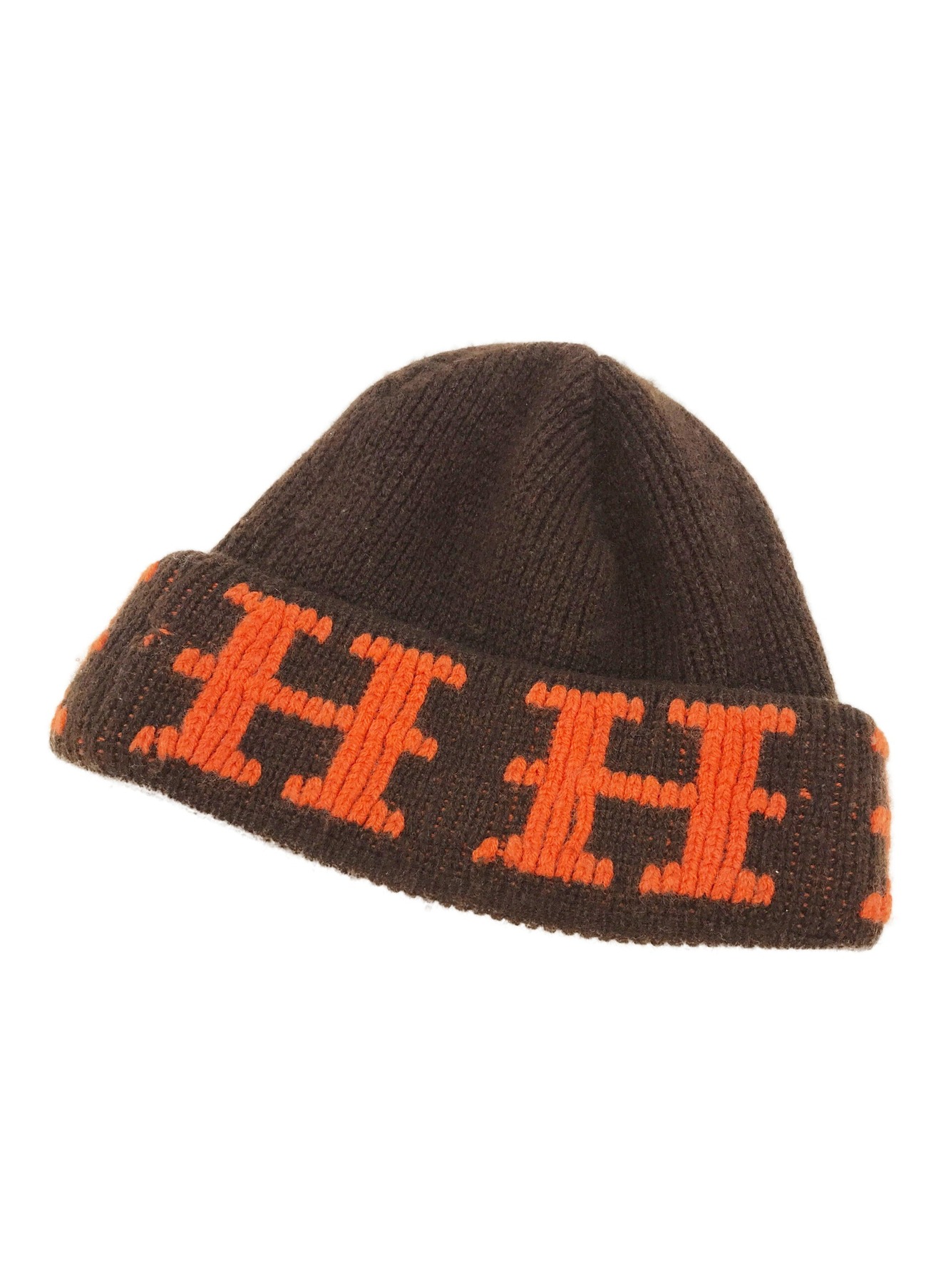エルメス Hロゴ ビーニー ニットキャップ 帽子 ニット帽 ブラウン×オレンジ約51cm