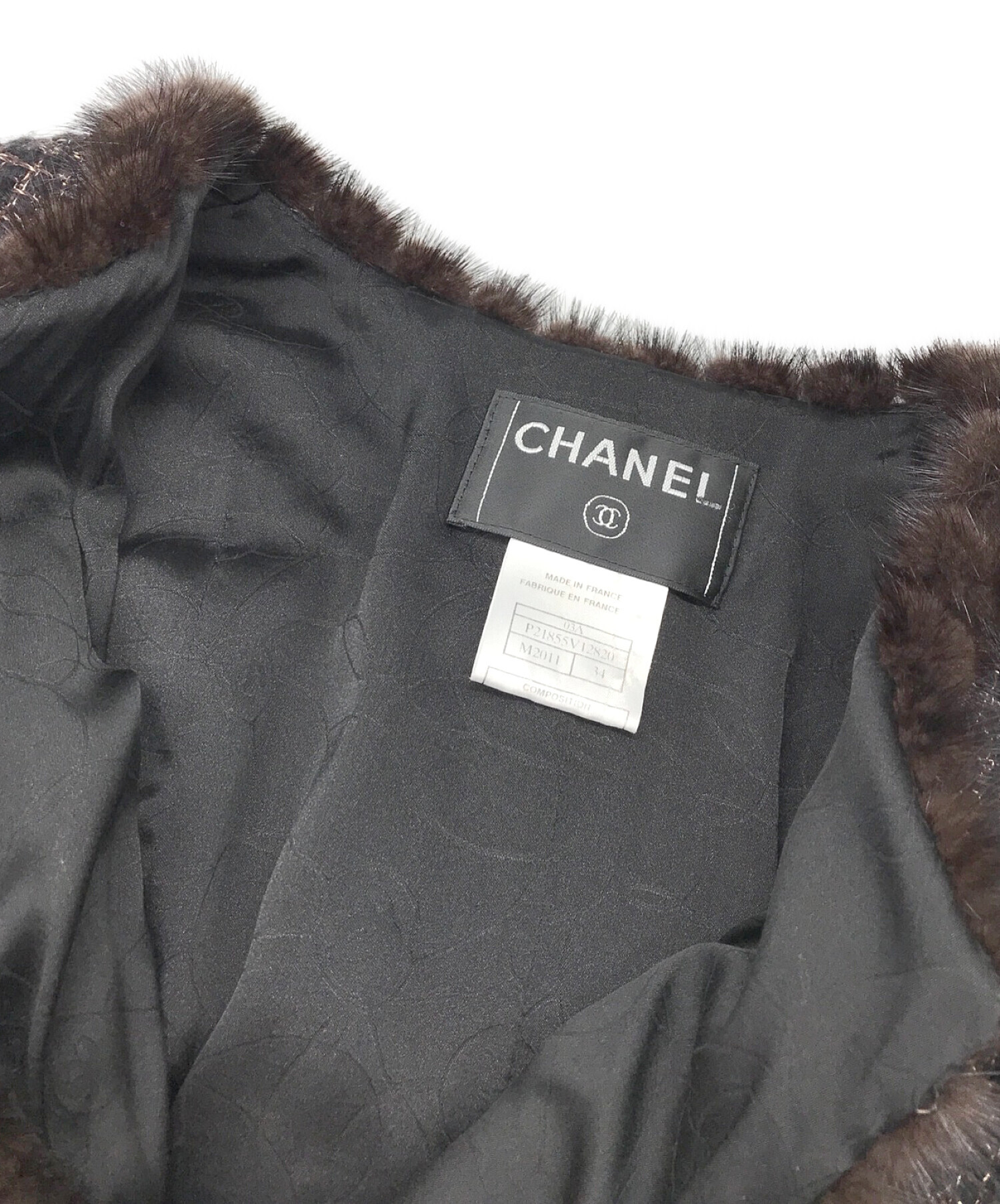 CHANEL (シャネル) ファートリミングツイードジャケット ブラウン サイズ:34