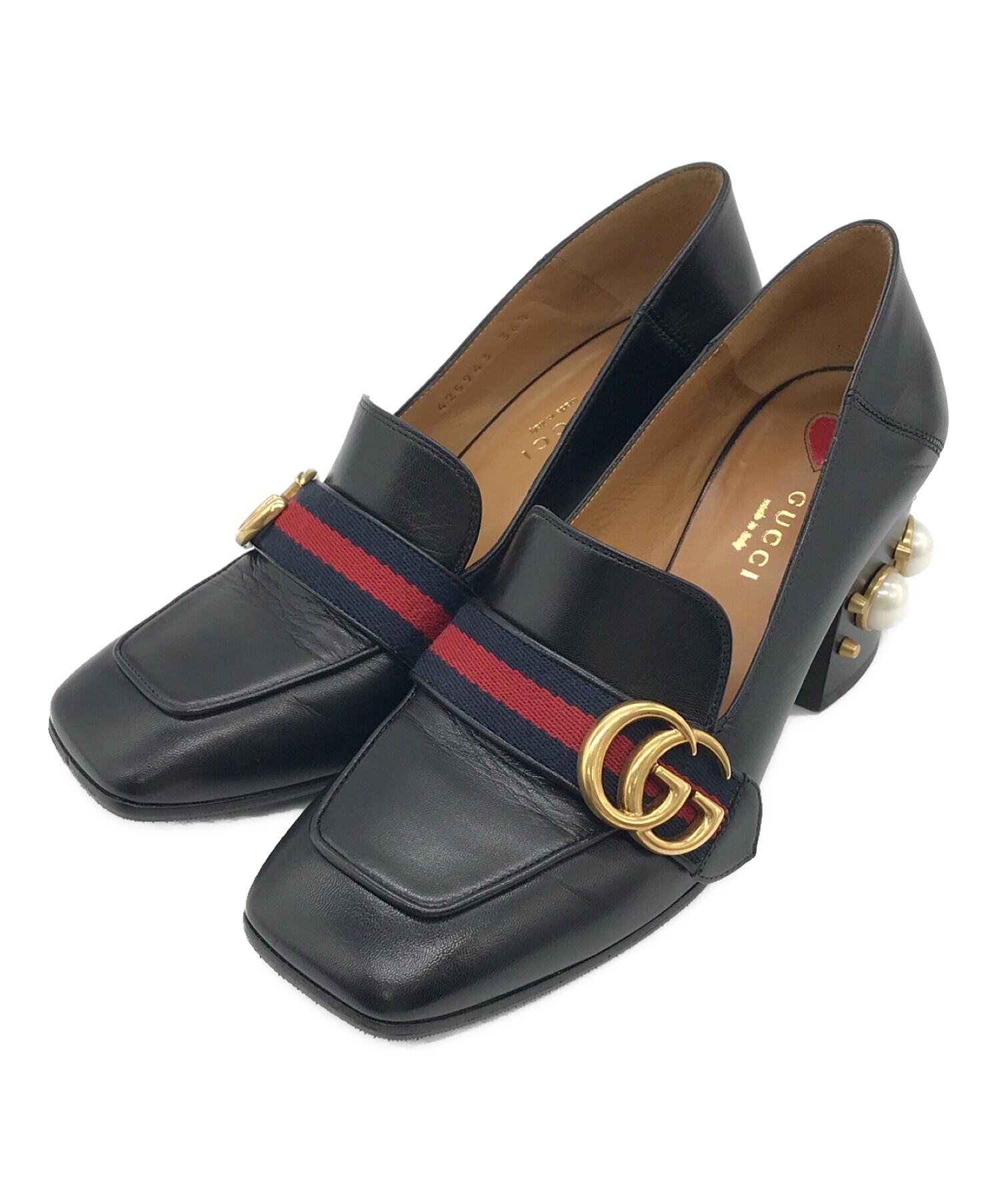 GUCCI (グッチ) パール ウェブ ミッドヒール ローファー ブラック サイズ:36 1/2