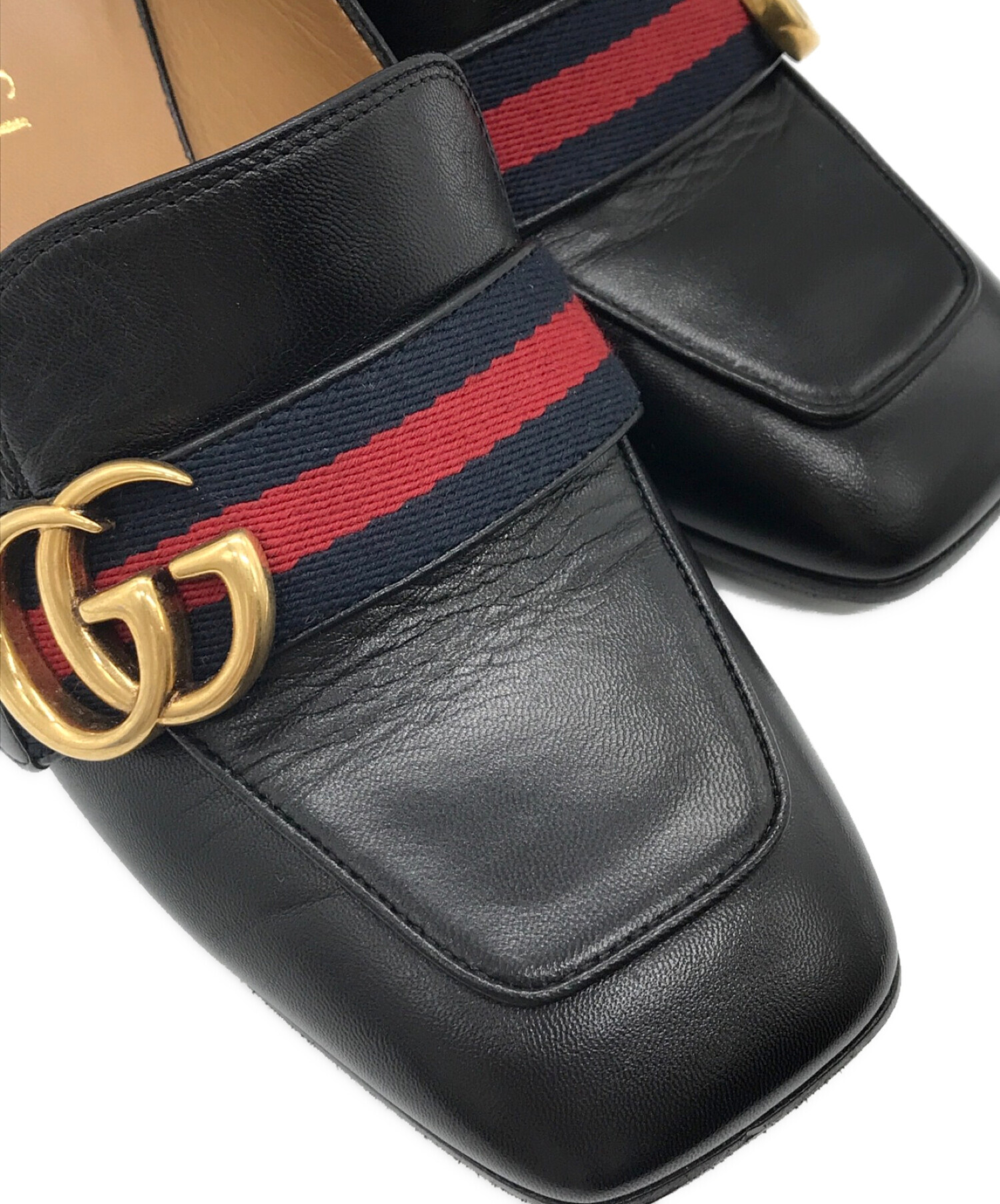 GUCCI (グッチ) パール ウェブ ミッドヒール ローファー ブラック サイズ:36 1/2