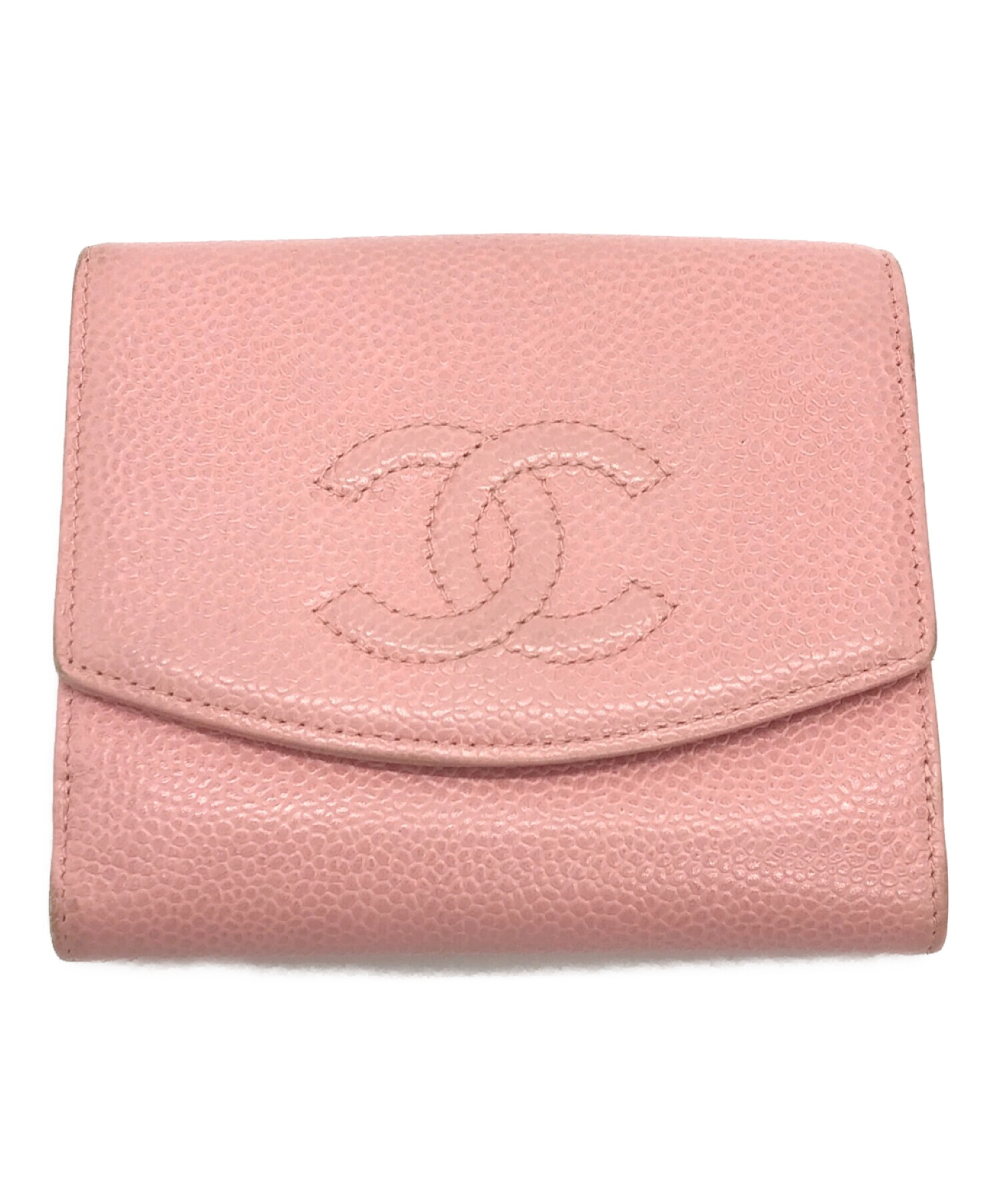 CHANEL シャネル ココマーク キャビアスキン 二つ折り財布 ピンク約10cm横