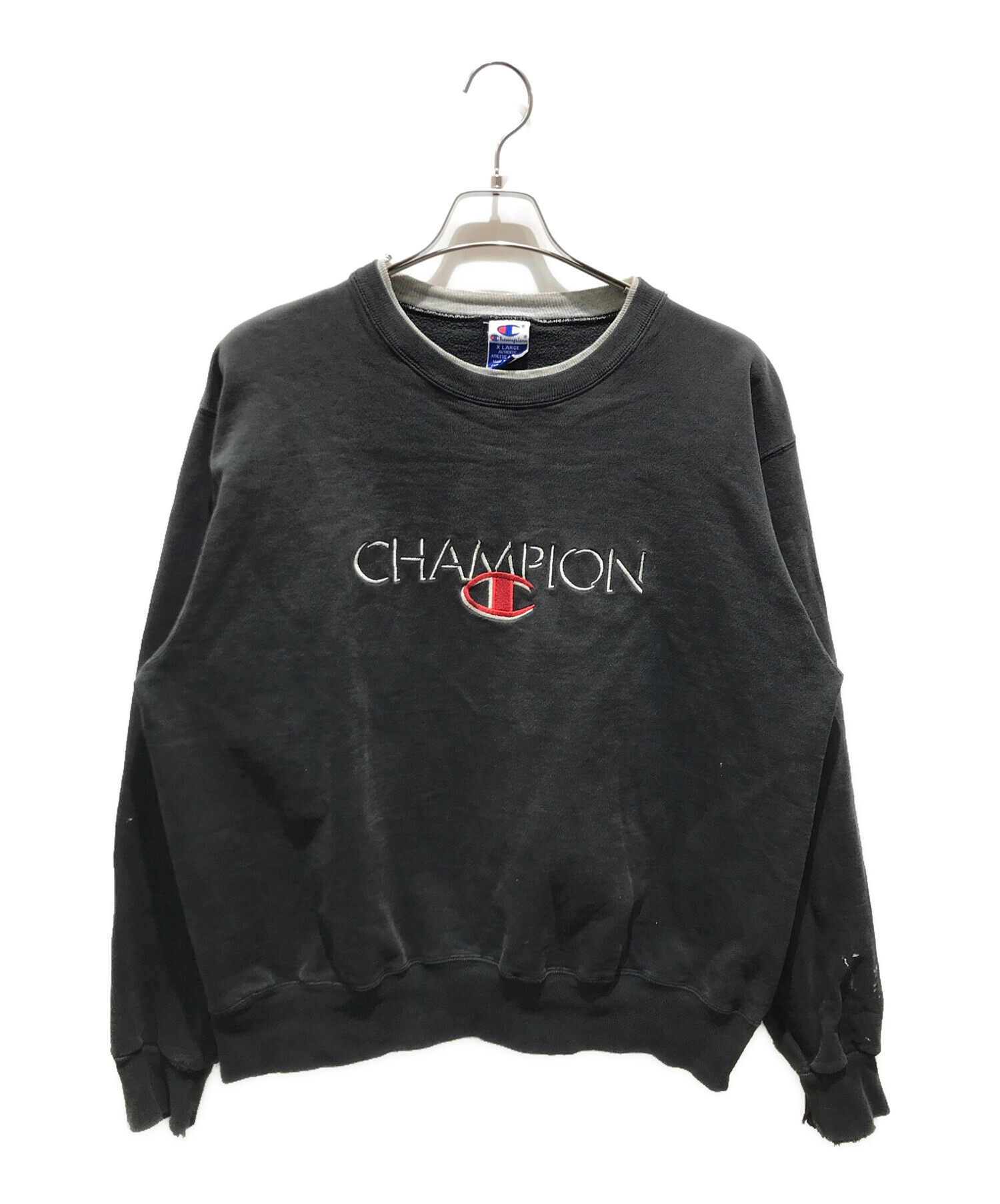 Champion チャンピオン スウェット 古着 刺繍ロゴ ブラック - トップス