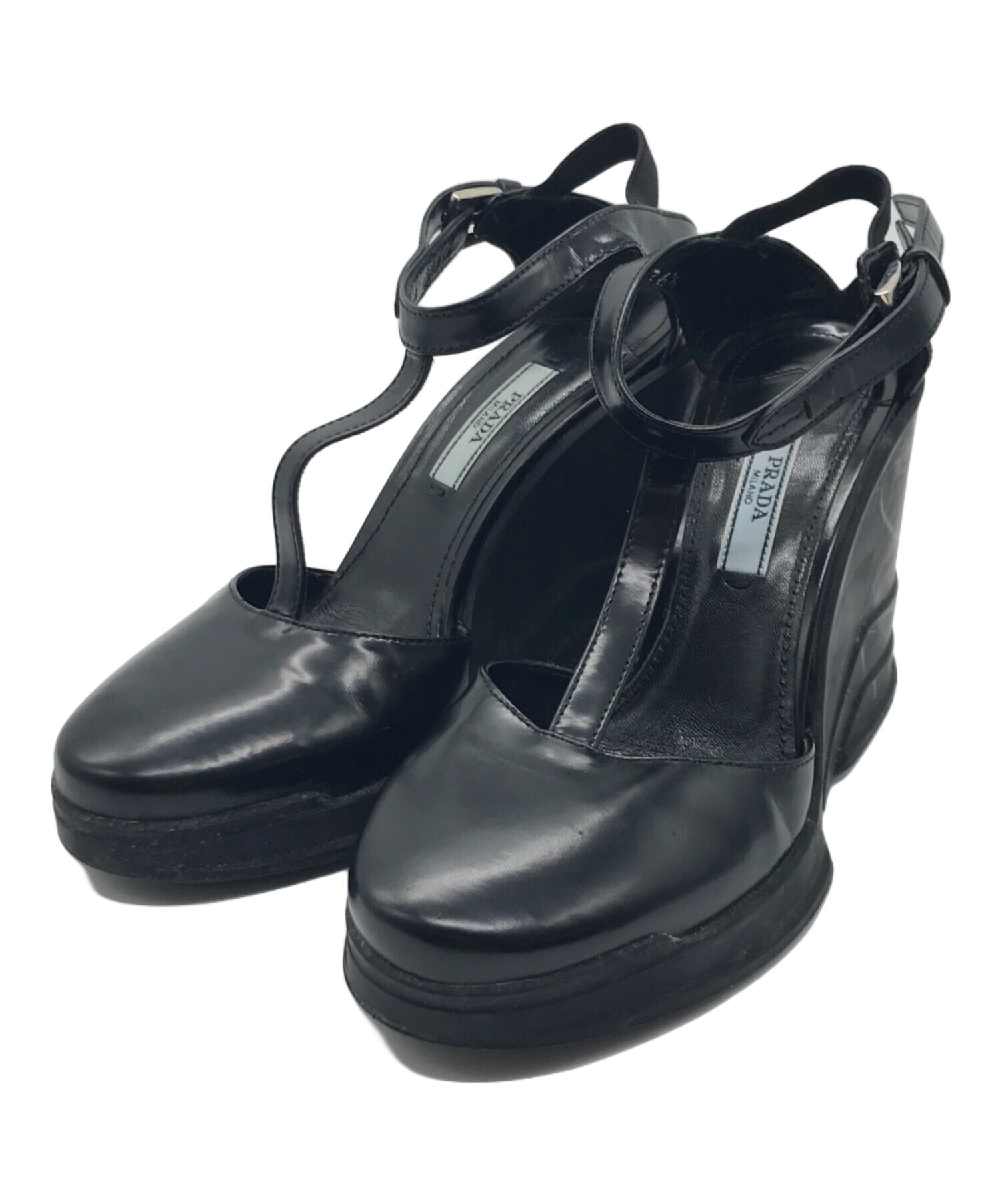 中古・古着通販】PRADA (プラダ) ラバーウェッジアンクルTストラップパンプス ブラック サイズ:36 1/2｜ブランド・古着通販  トレファク公式【TREFAC FASHION】スマホサイト