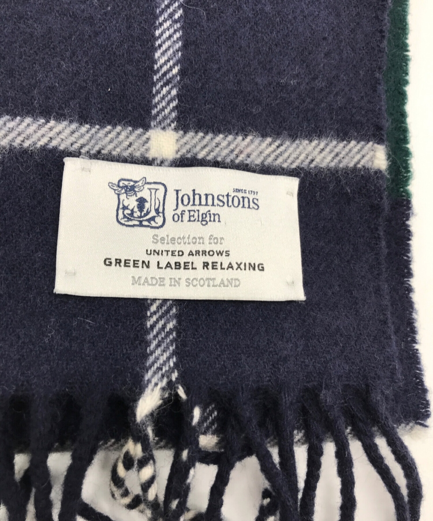 JOHNSTONS OF ELGIN×GREEN LABEL RELAXING (ジョンストンズ オブ エルガン×グリーン レーベル リラクシング)  別注 大判チェックストール ネイビー×グリーン