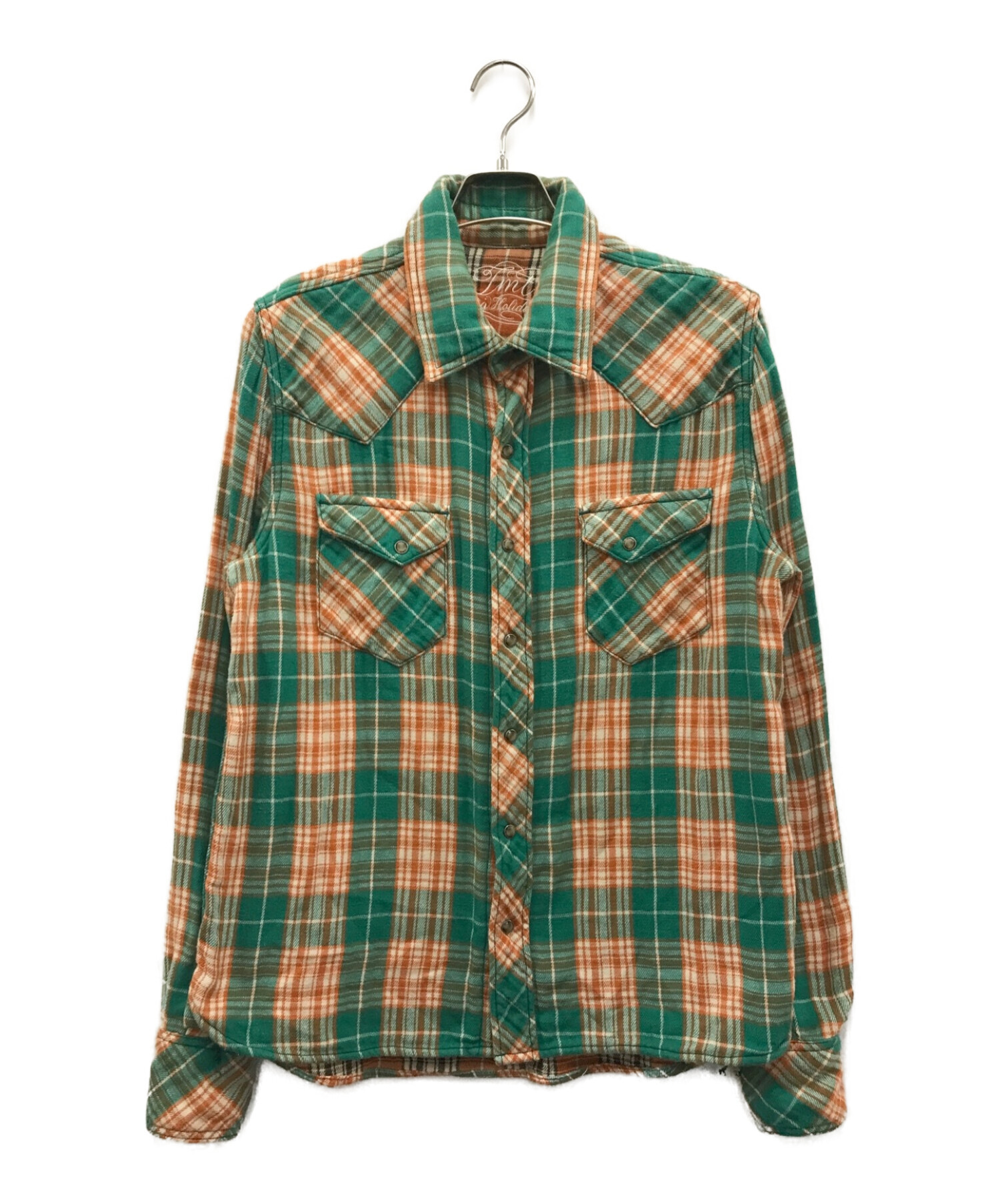 TMT (ティーエムティー) ダブルガーゼチェックシャツ グリーン×オレンジ サイズ:L